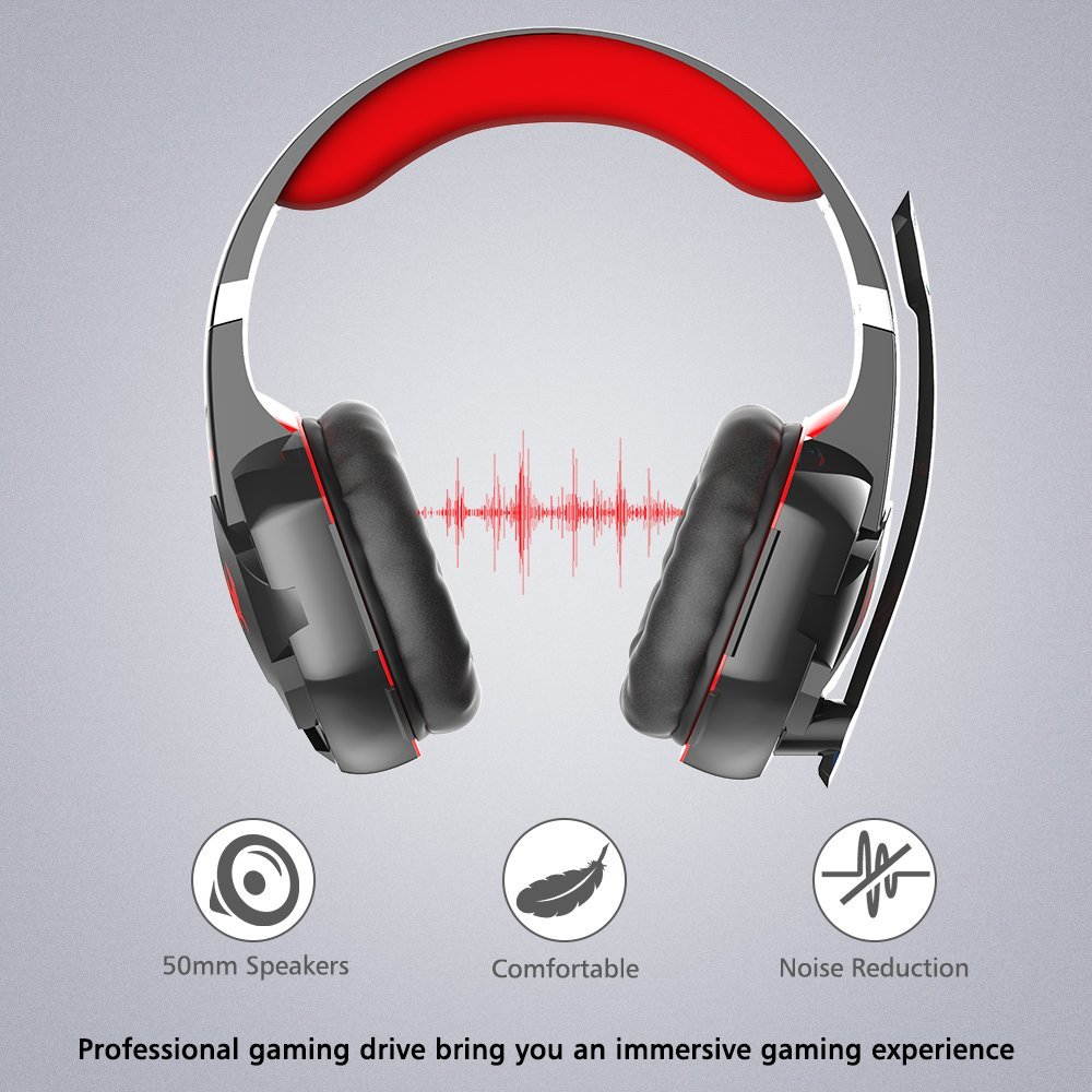 VersionTech G2000 Gaming Headset for PC Computer, Comfortable Over Ear Headphones with Microphone, Led Lights & In-Line Volume Control (Not compatible with PS3/PS4/Xbox One/Xbox 360)- Red