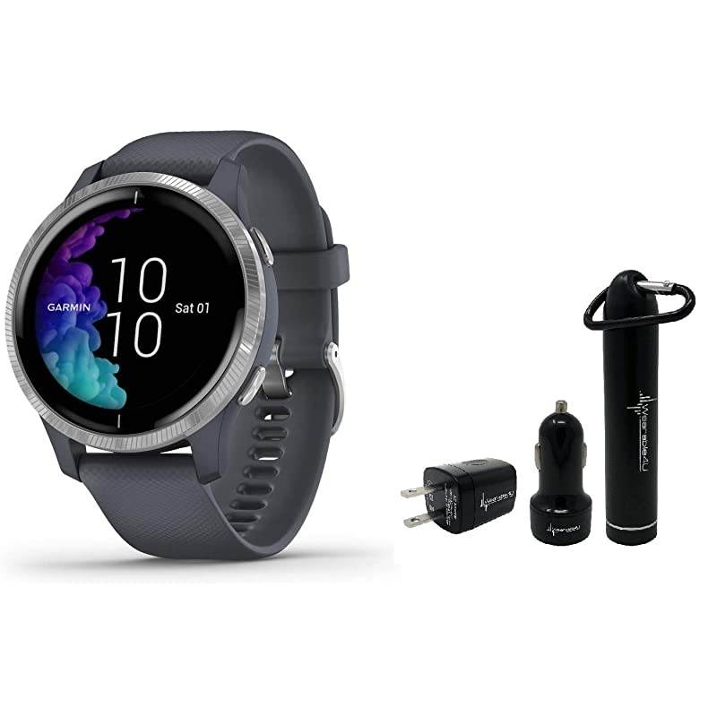 Garmin Venu GPS Smartwatch with AMOLED Display and  Power Pack Bundle (Granite Blue/Silver)