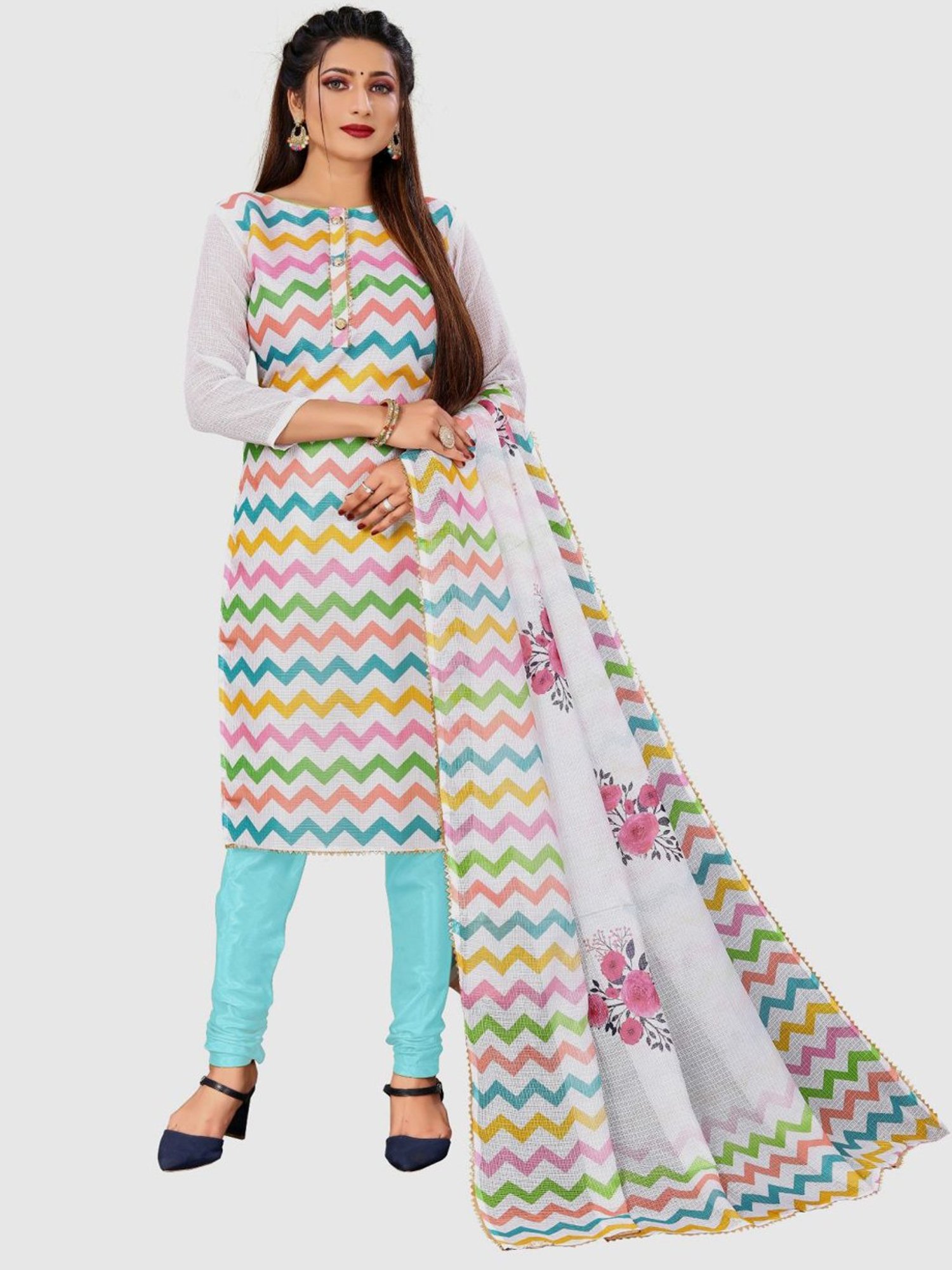 APNISHA White & Turquoise Printed Unstitched Dress Material