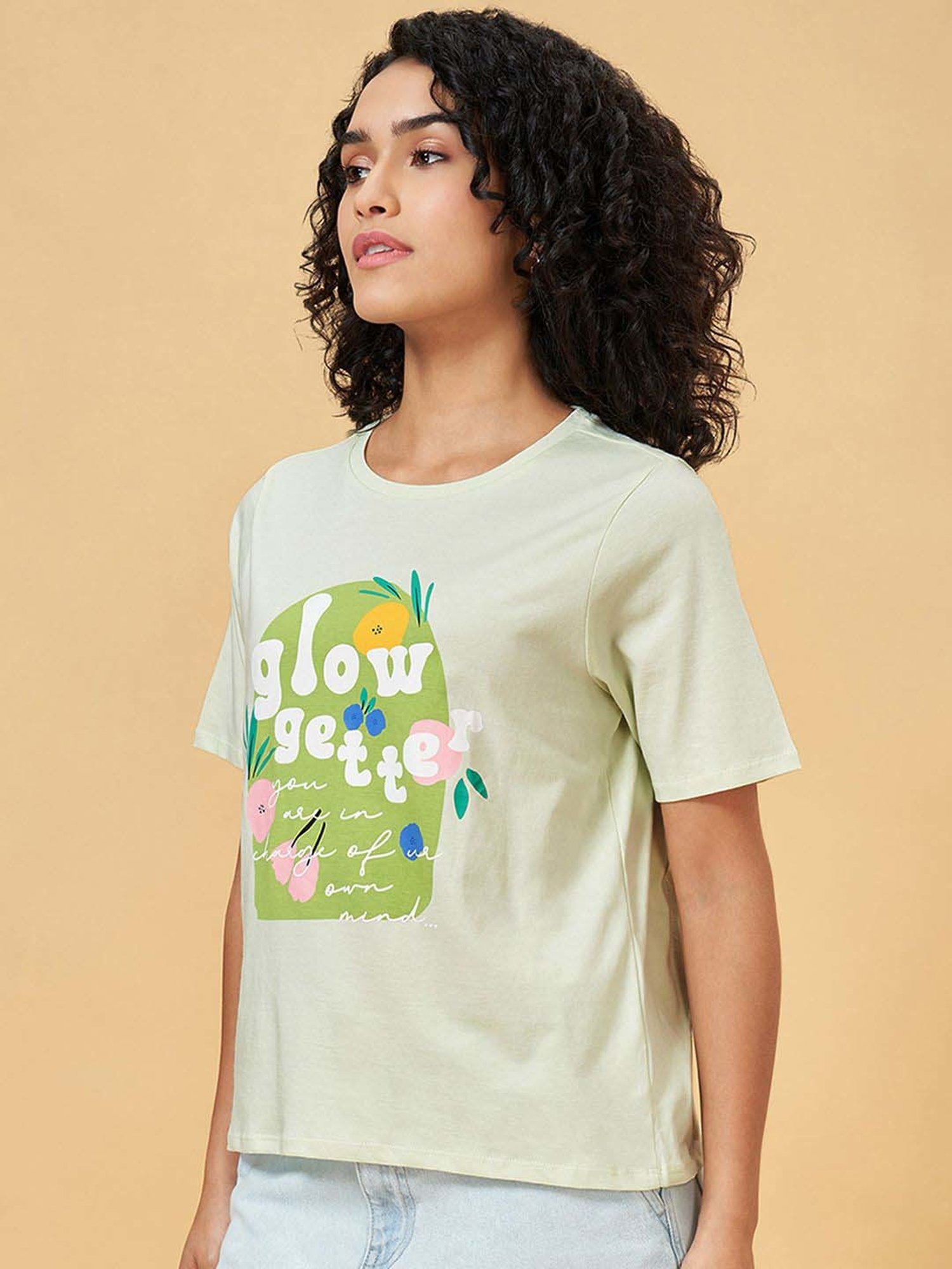 People by Pantaloons Green Cotton Printed T-Shirt