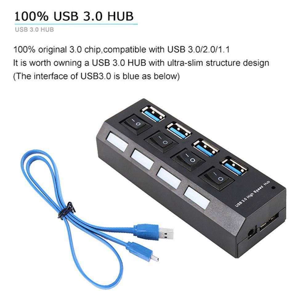 4 Port USB Hub, Portable SuperSpeed USB 3.0 Hub, Individual On/Off Switches LED, USB Extension Multi-function USB Dock Hot Swapping Support, Come with US AC Power Plug
