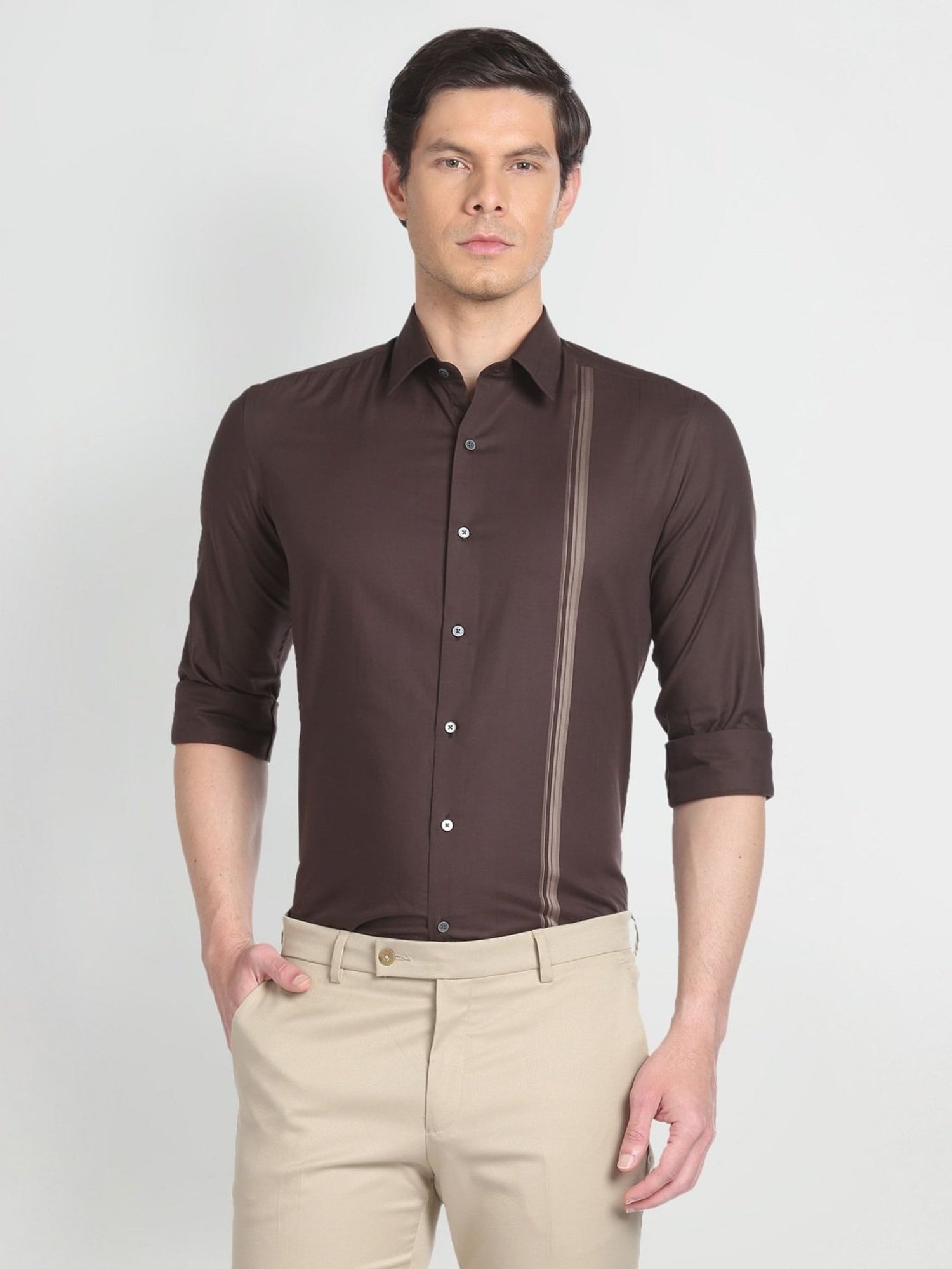 Arrow Newyork Brown Cotton Slim Fit Striped Shirt