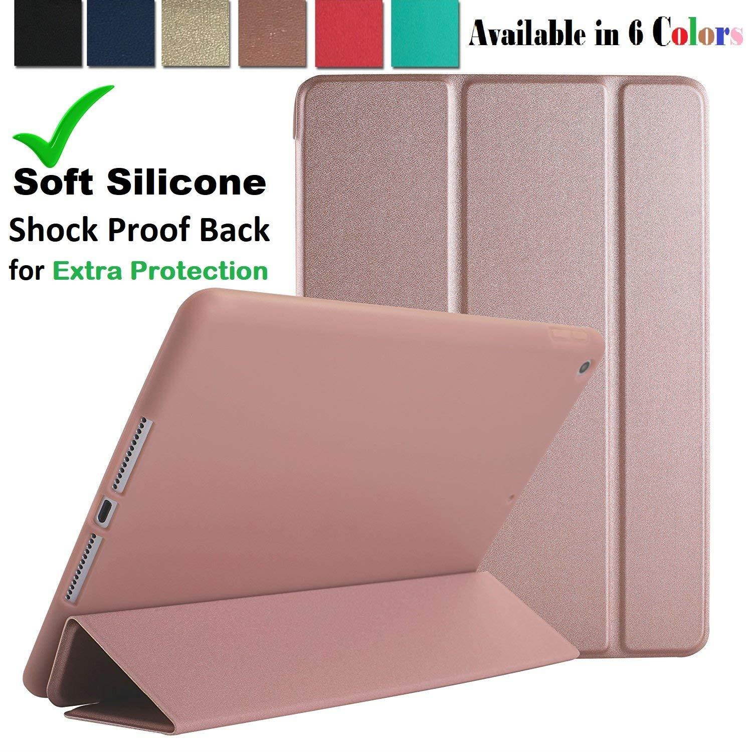 iPad Air 2 - 9.7 Inch 2014 Case Soft Silicone Back (?For Extra Shock Protection) TriFold Ultra Slim Smart Cover Auto Sleep / Wake, MultiAngle Stand [iPad Air 2nd Gen 9.7&rdquo; ]? Soft Back- Rose Gold