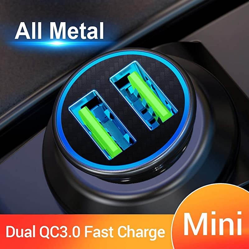 Charge 3.0 Car Charger Mini 30W 4.8A Metal Dual USB Ports QC 3.0 Car Charger Adapter Flush Fit Fast Charge Car Adapter for iPhone 11/XR/Xs/Max/X/8/7, iPad Pro/Air 2/Mini, Galaxy, LG and More