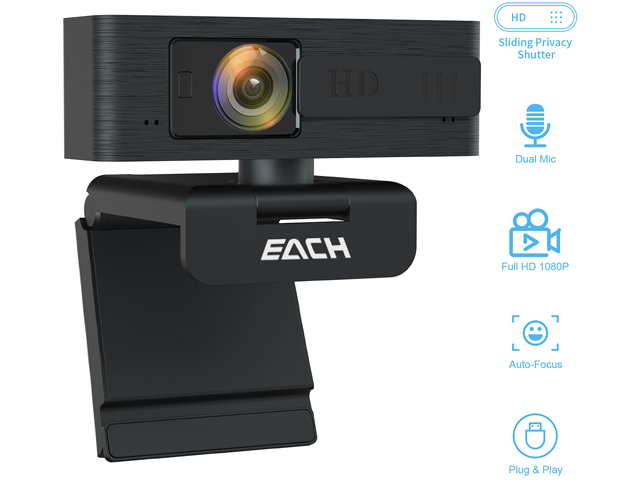 EACH AutoFocus Full HD Webcam 1080P with Privacy Shutter-Pro Webcam with Noise Cancelling Microphone-USB Computer Camera for PC Notebook Computer Desktop Mac Video Call, Meeting Skype YouTube
