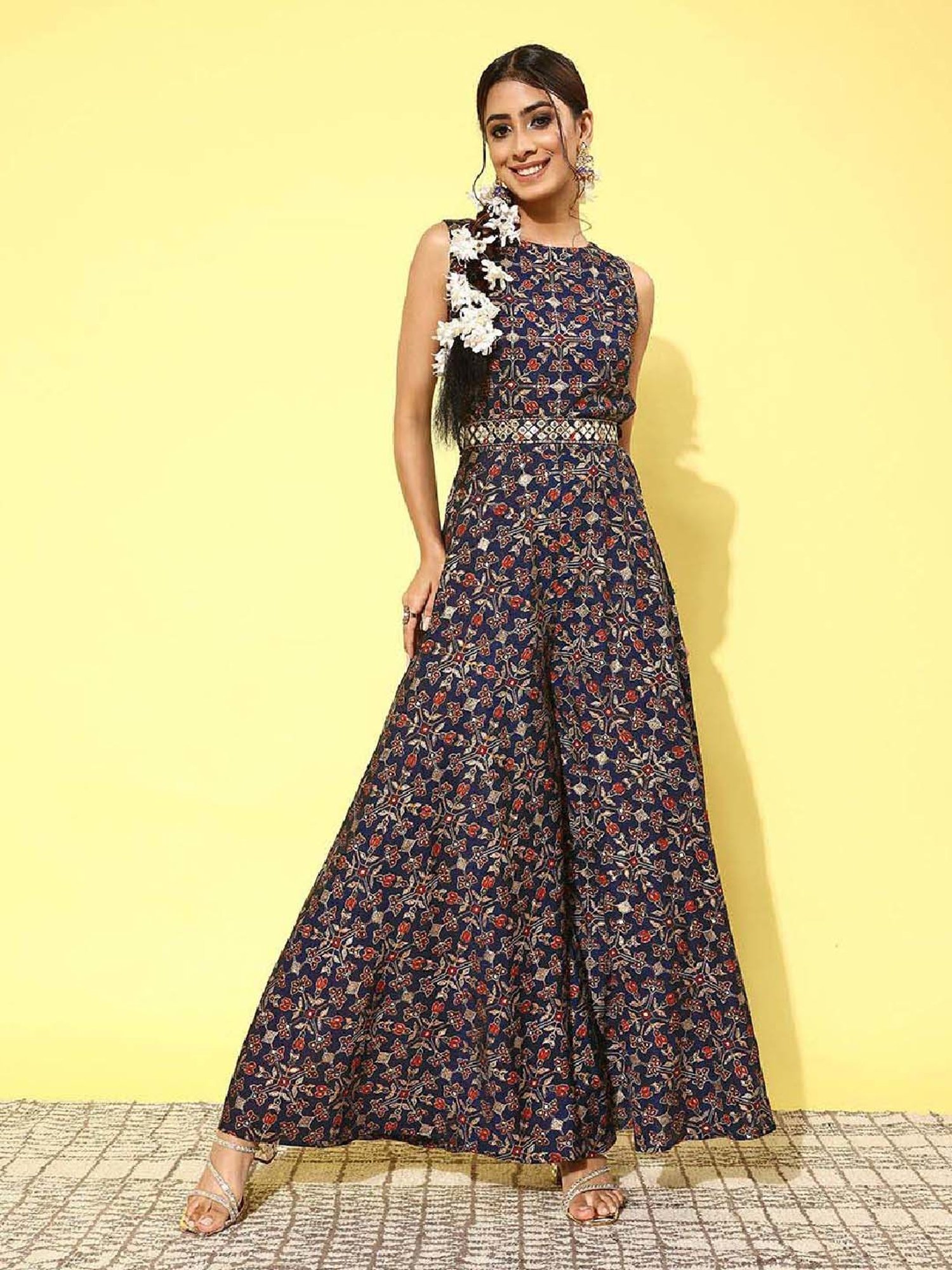 Libas Blue Printed A-Line dress Jumpsuit