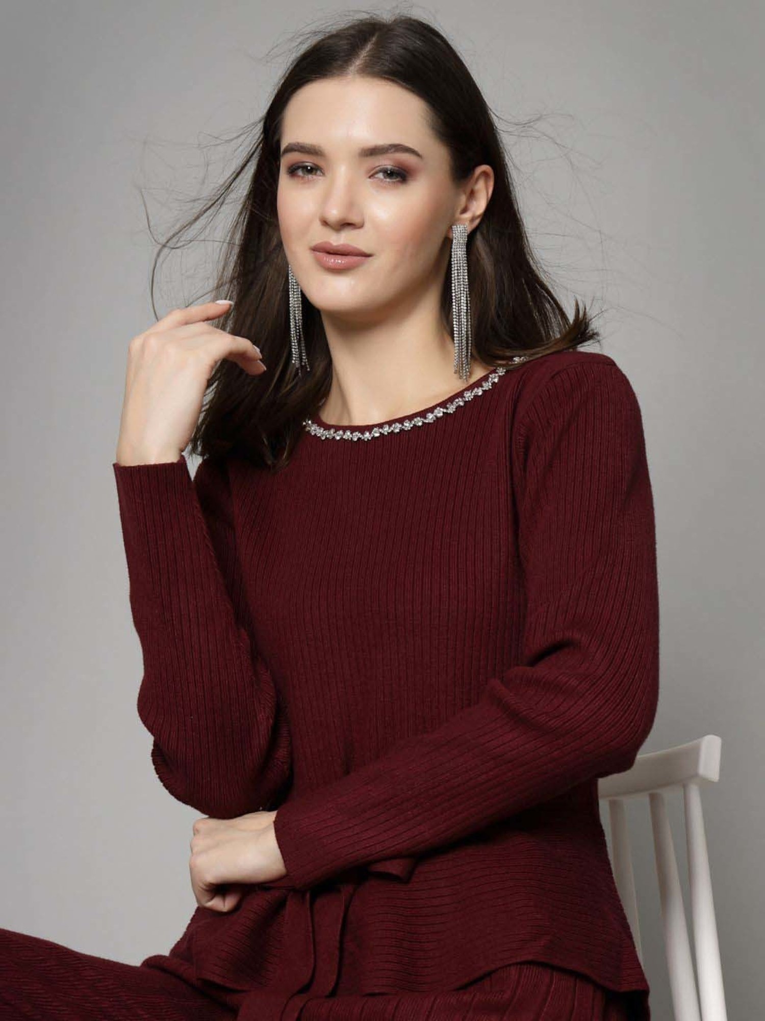 Mafadeny Maroon Embellished Top Pants Set