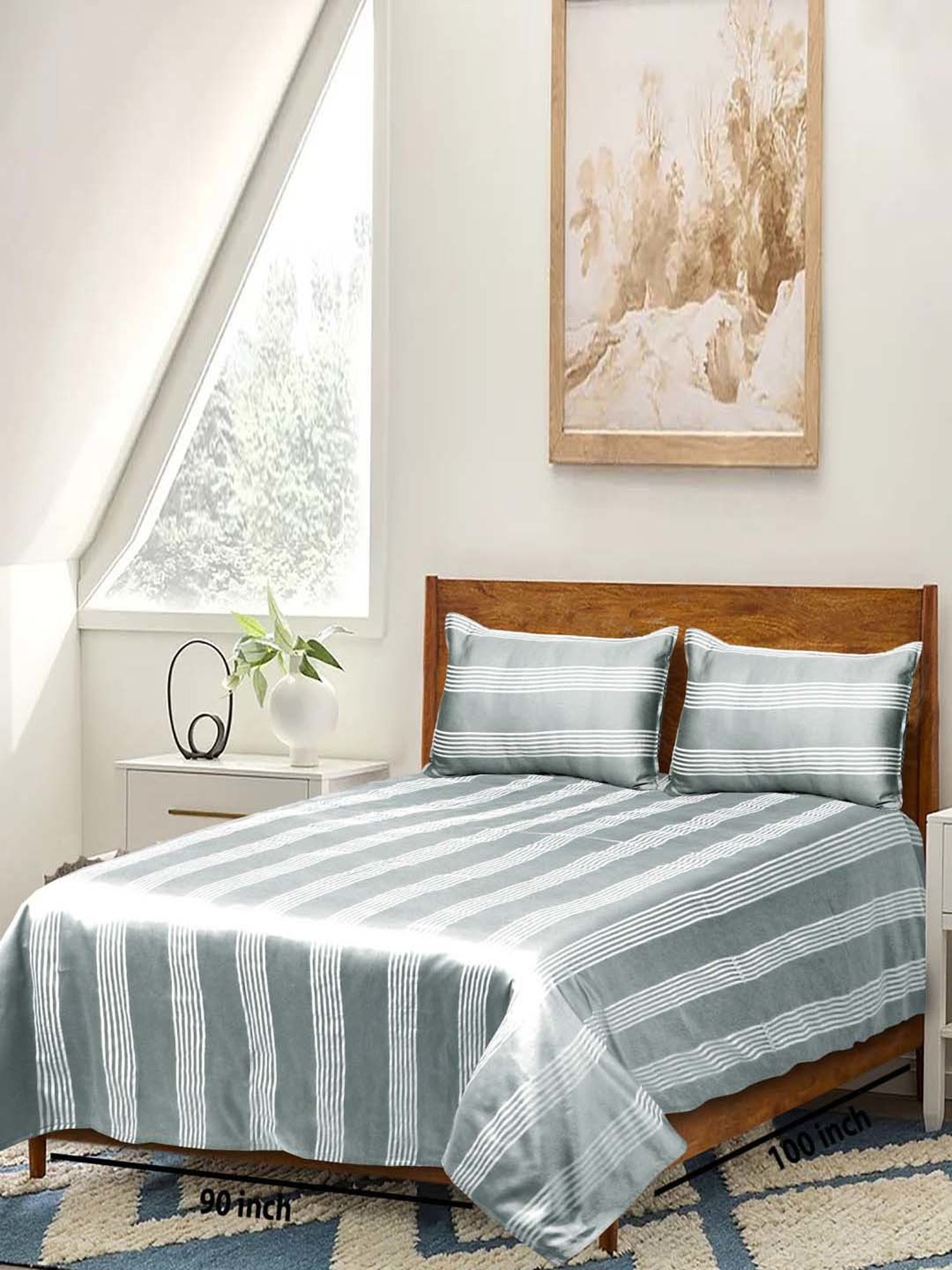 Saral Home Easy Living Grey Cotton Dhari Soft Self Pattern Queen Bed Sheet With Pillow Covers