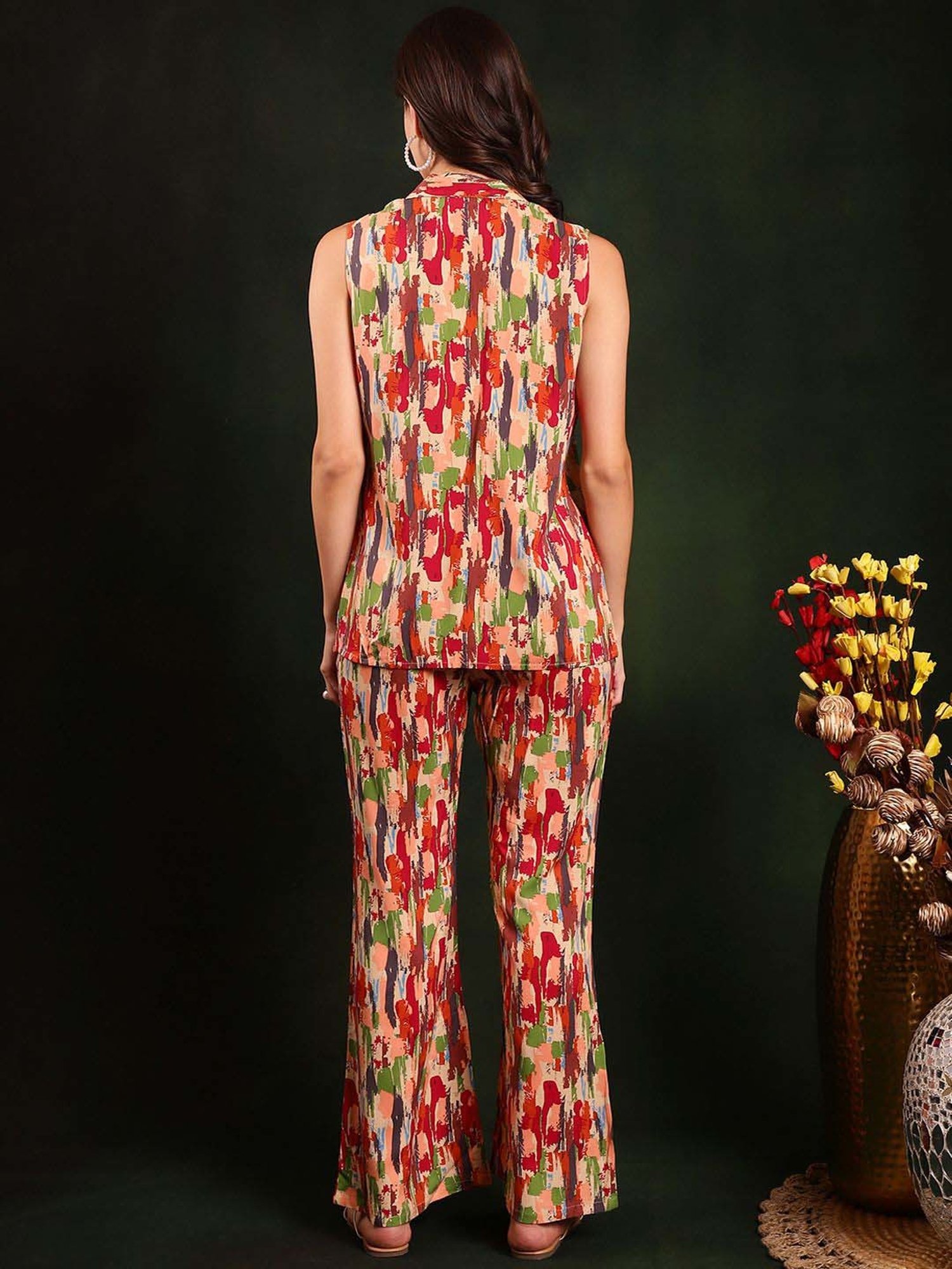 Claura Red Printed Crop Top Pants Set With Jacket