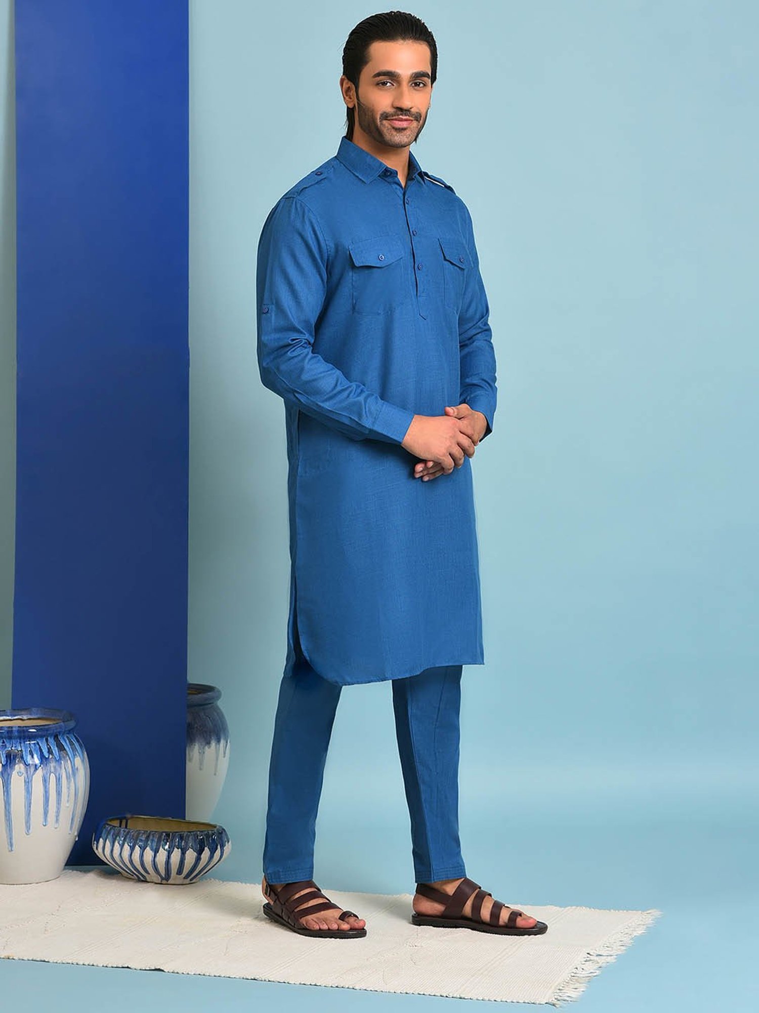 Hangup Dark Slate Blue Regular Fit Pathani Kurta & Pyjamas Set