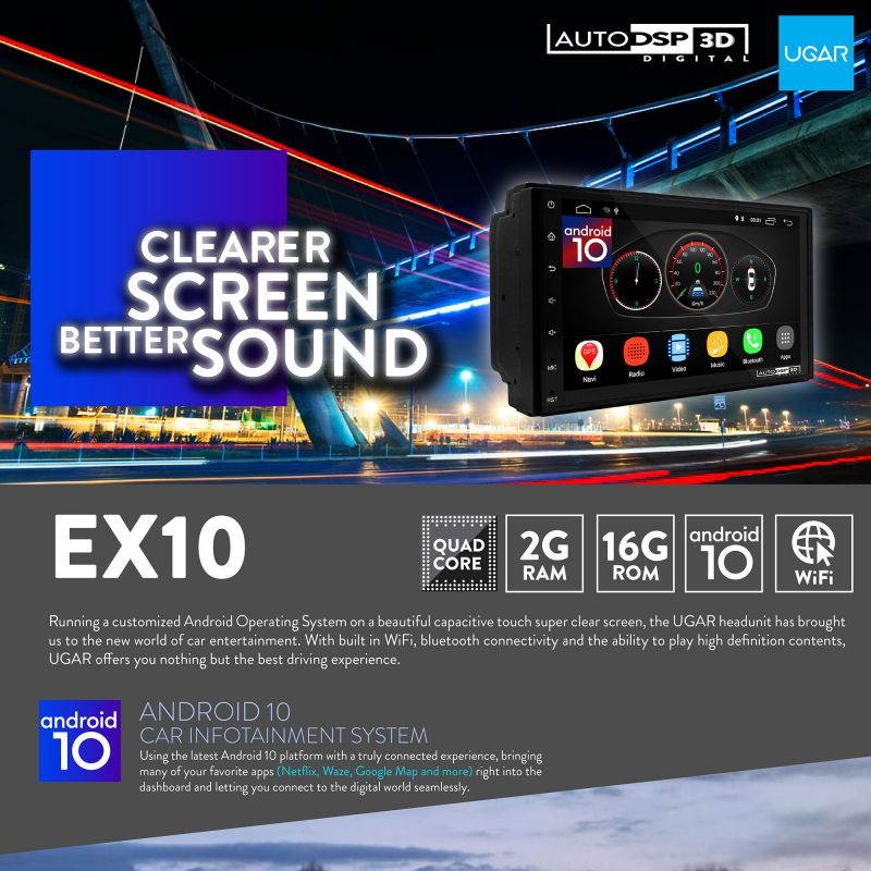 UGAR EX10-DSP 7" Android 10.0 Car Stereo 2GB 16GB with Front & Rear View Camera Head Unit Bluetooth WiFi Double Din Radio Car Audio Indash GPS Navigation Touch Screen