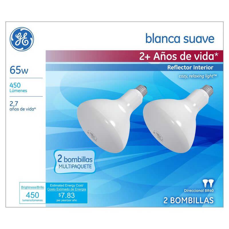 General Electric 65w 2pk R40 Long Life Incandescent Light Bulb White