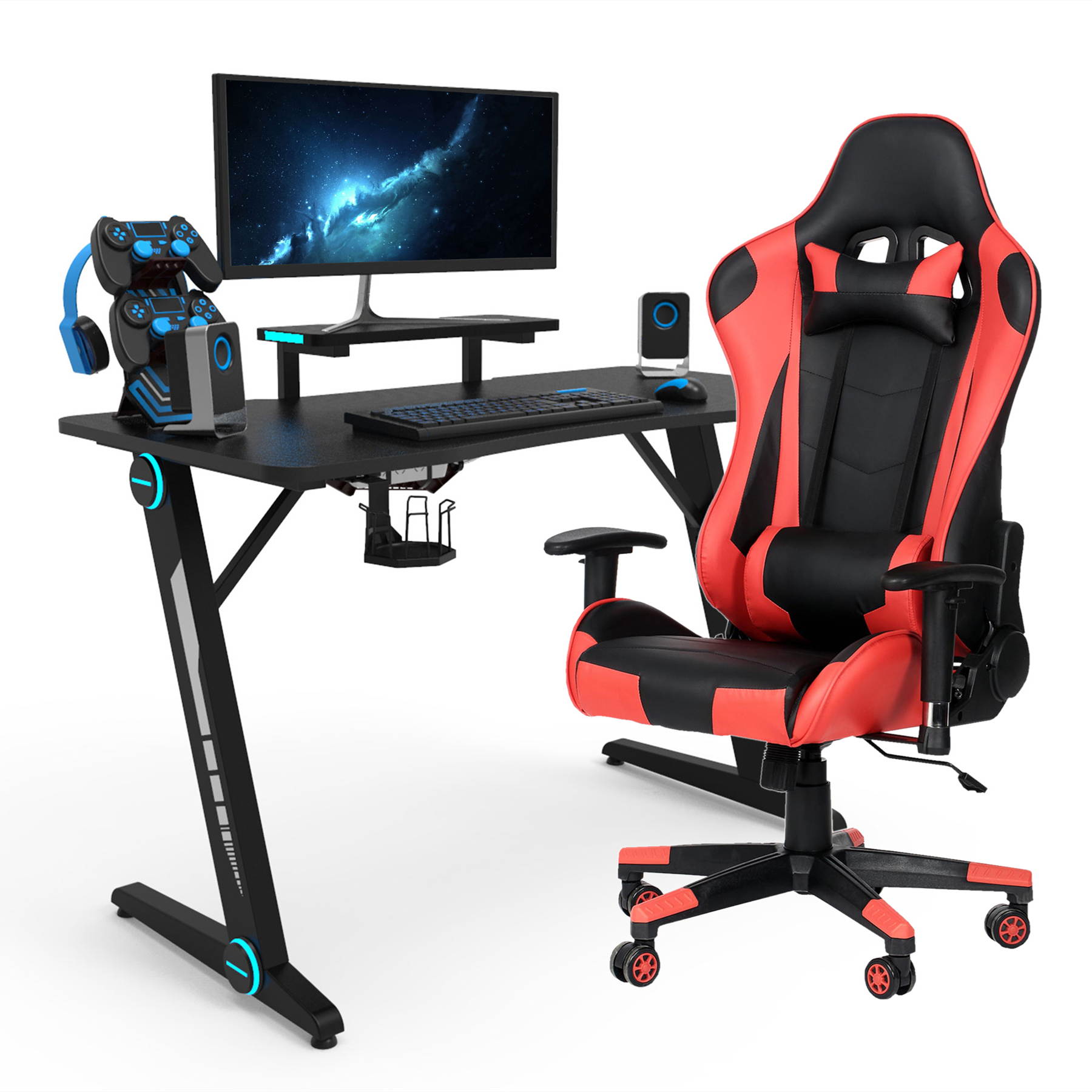47.2 Inch Z-Shaped Gaming Desk with Adjusted Reclining Ergonomic PU Gaming  Chair Home Office Desk and Chair Set Gamer Workstation with Monitor Stand Carbon Fiber Surface Gamer Table with RGB Lights