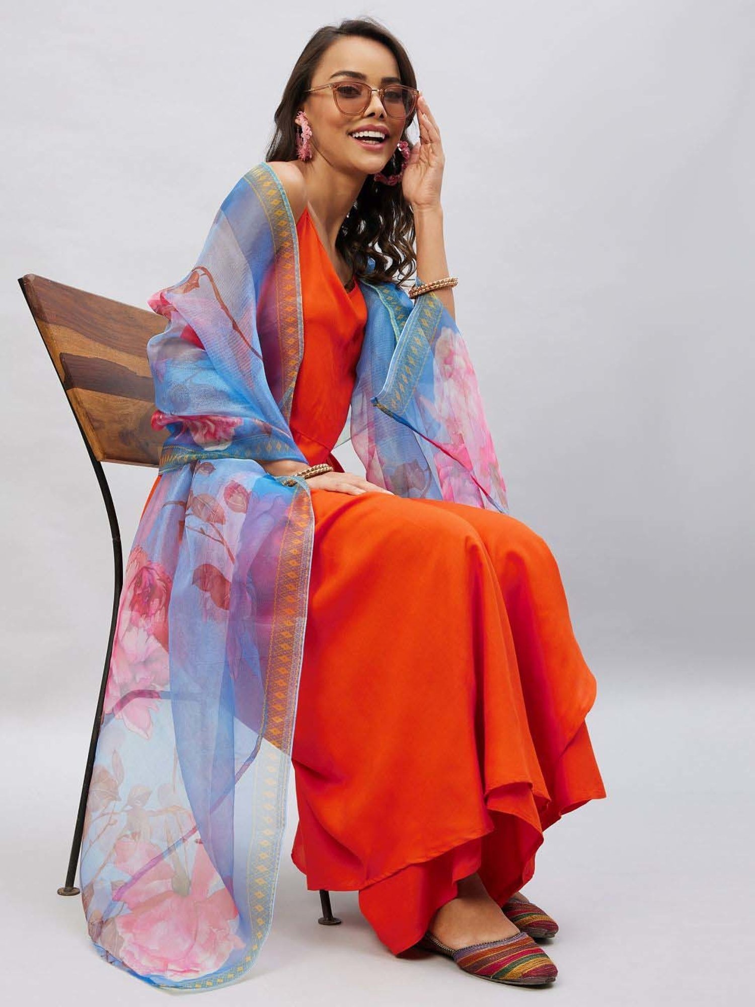 Inweave Blue Floral Print Dupatta