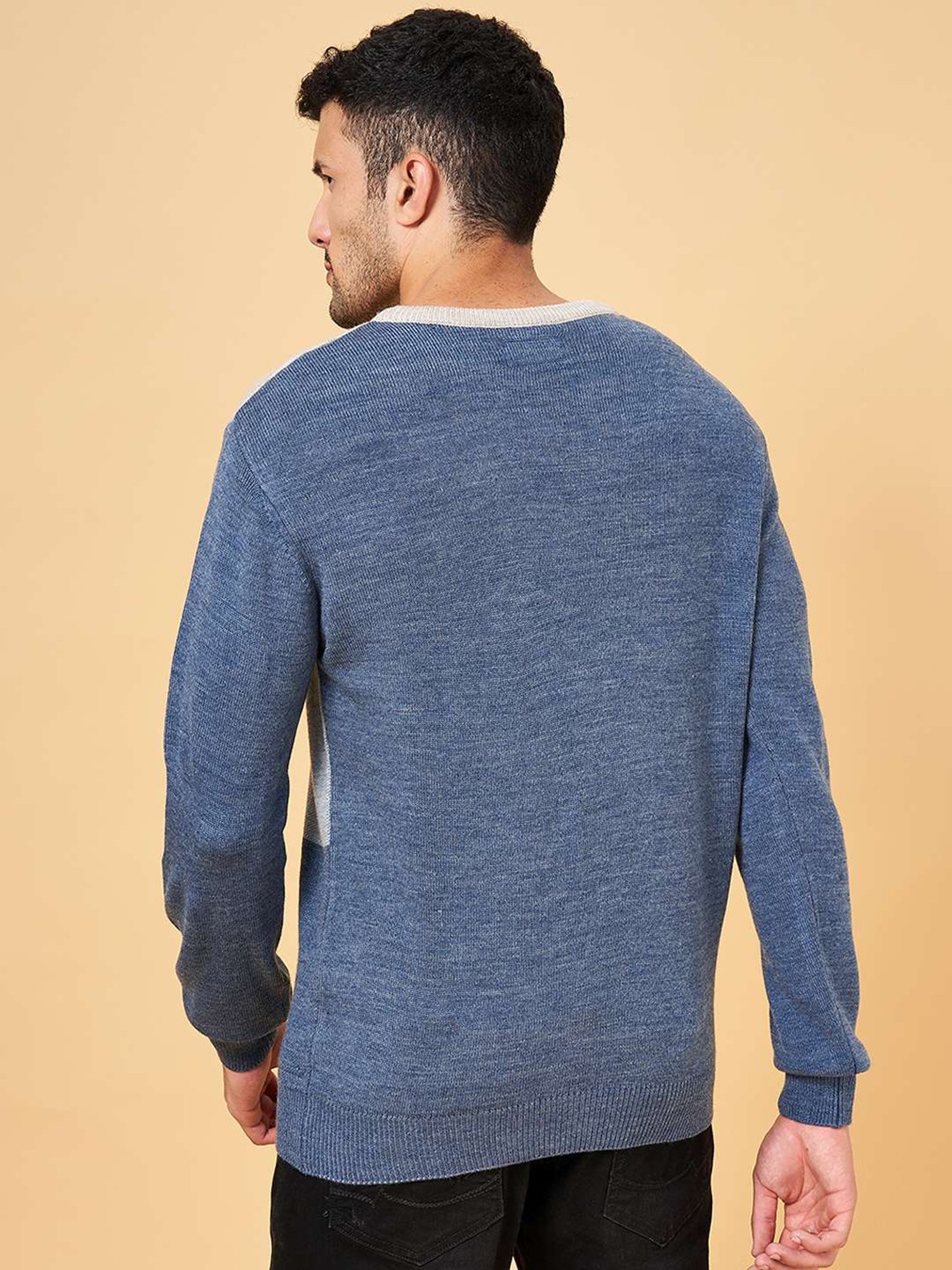 Byford by Pantaloons Blue Slim Fit Self Pattern Sweater