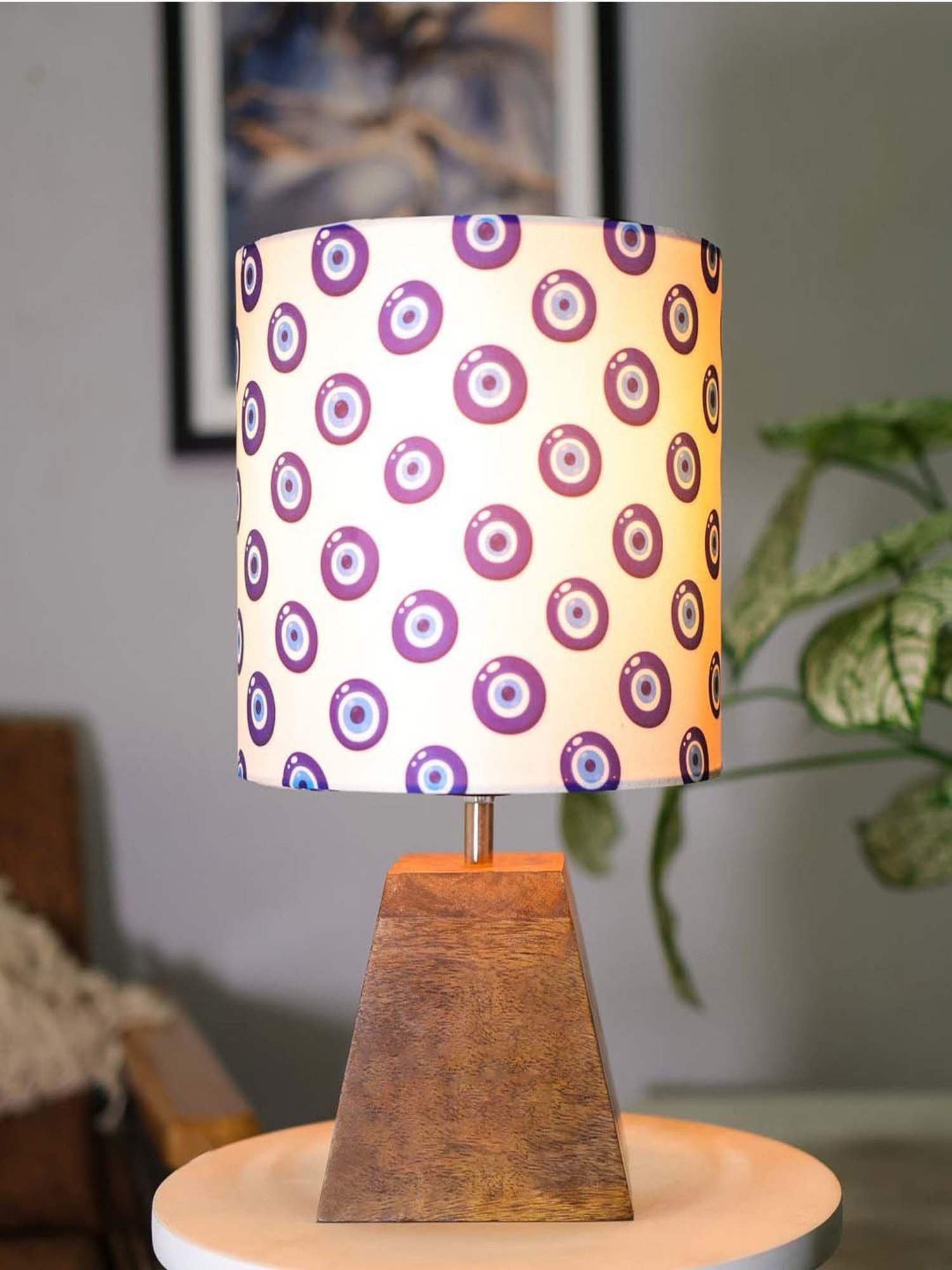 Homesake Turkish Evil Eye Multicolor Wood Pyramid Table Lamp with Fabric Lampshade