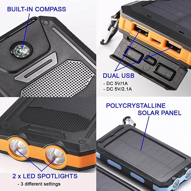 Portable Phone Charger by ALF Powerful 10000mAh Solar Charging Dual USB Bonus Safety 2 LED Lights Compass (Blue)
