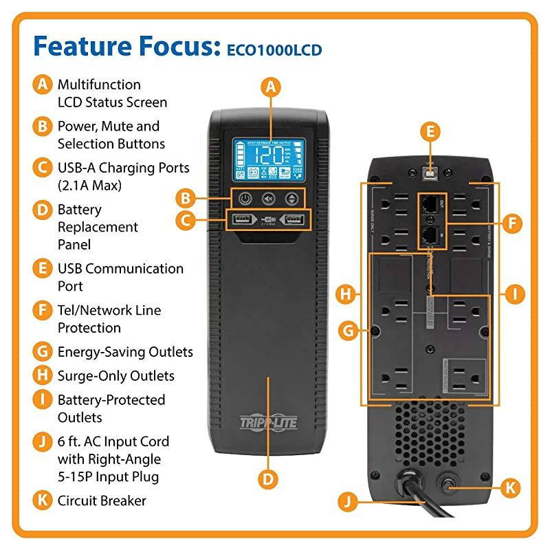 1000VA 600W ECO-Friendly UPS Battery Backup, AVR Protection, LCD Display, Line-Interactive, 8 Outlets and 2 USB Charging Ports, 120V, Tel Protection (ECO1000LCD)
