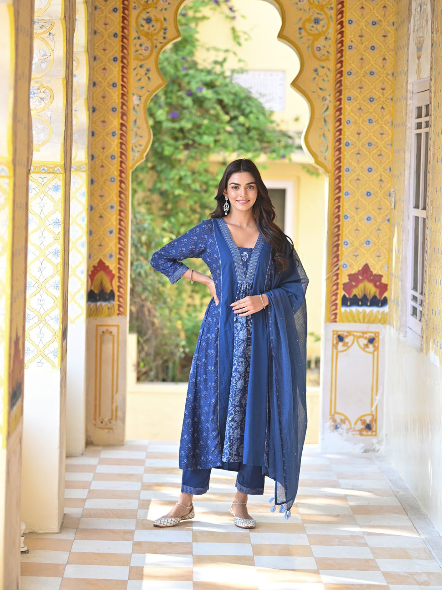 Mahee Jaipur Blue Indigo Block Panel Print Muslin Suit Set With Kota Doriya Dupatta