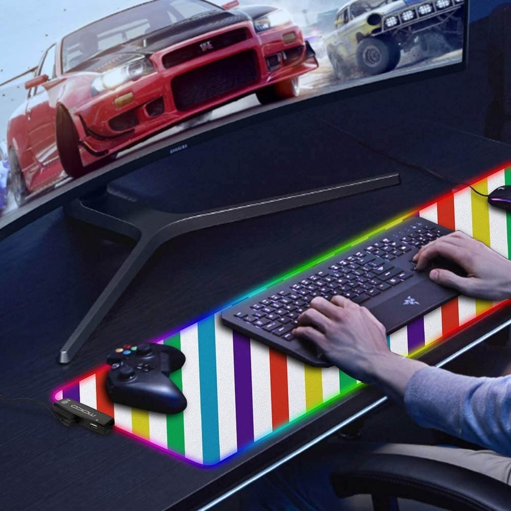 MoKo RGB Gaming Mouse Pad, Large Extended Glowing Led Mousepad with 15 Lighting Modes and USB 2.0 Port, Non-Slip Rubber Base Computer Keyboard Pad Mat for Gamer, 32.09 x 12 x 0.16 Inch - Rainbow