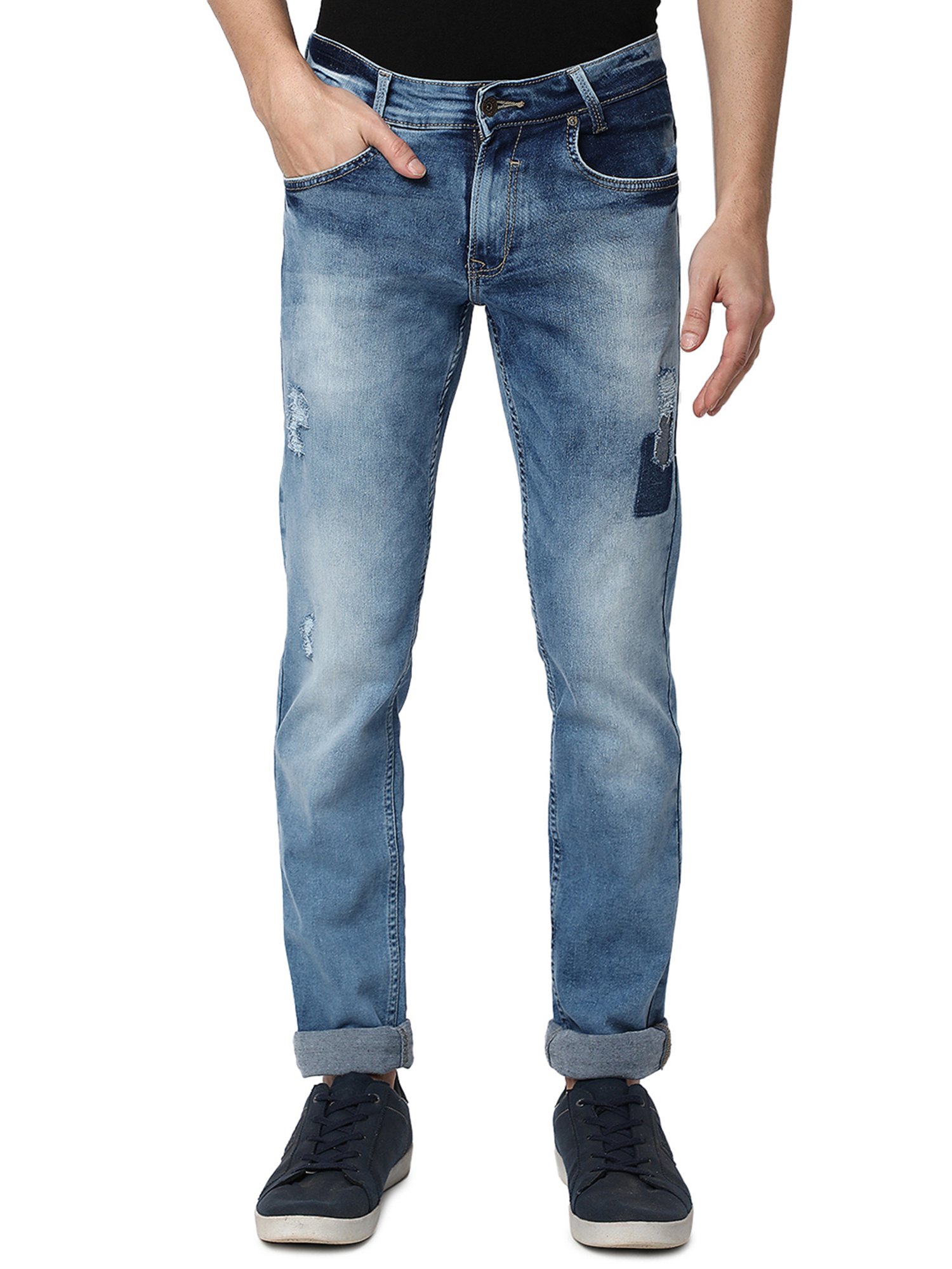 Mufti Light Blue Super Slim Fit Lightly Washed Distressed Jeans