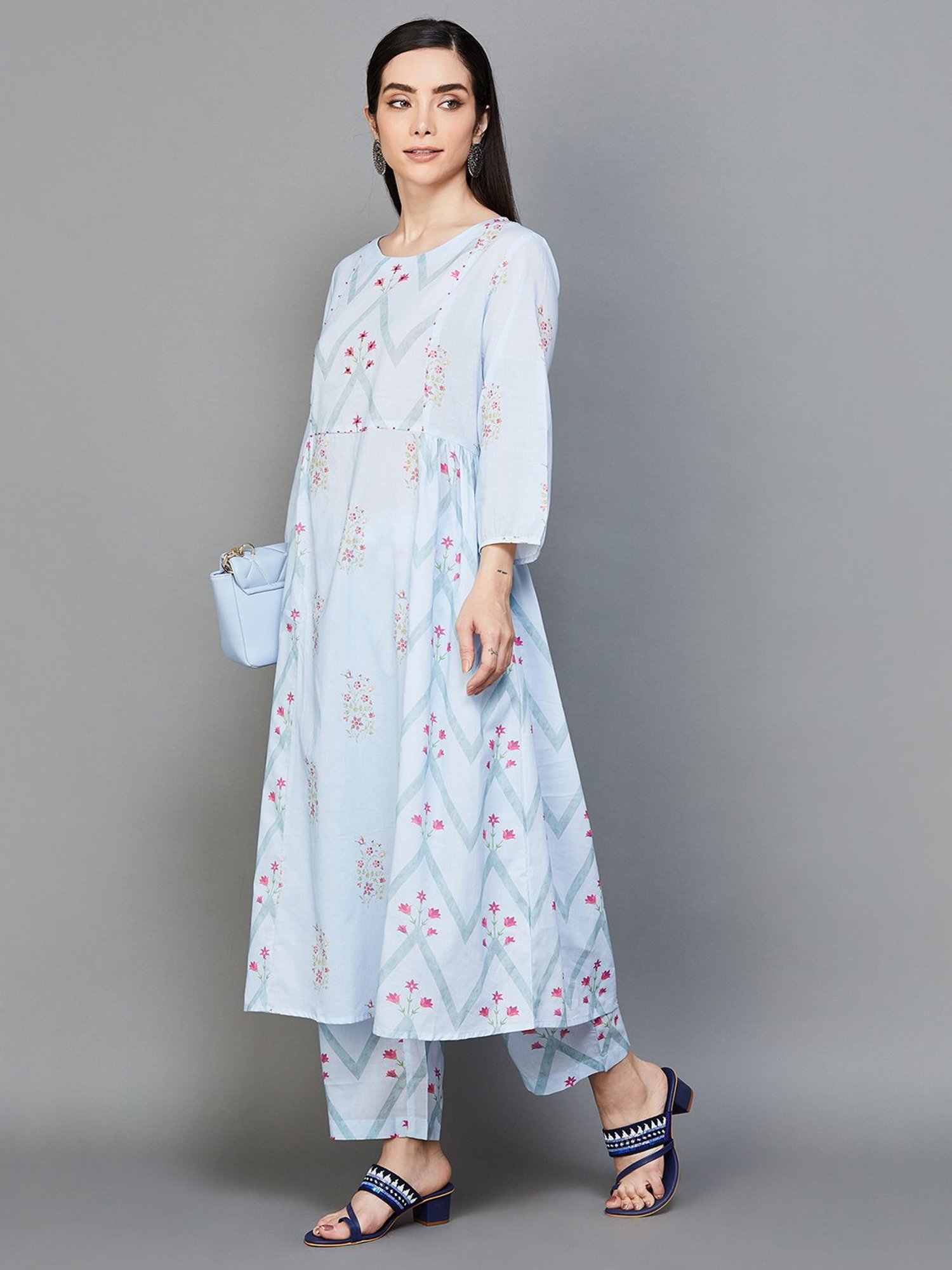 Melange by Lifestyle Blue Cotton Printed Anarkali Palazzo Set