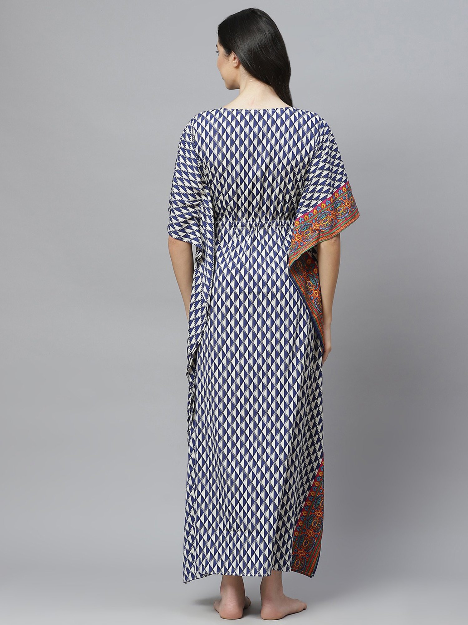 Cottinfab White & Blue Printed Kaftan Nighty