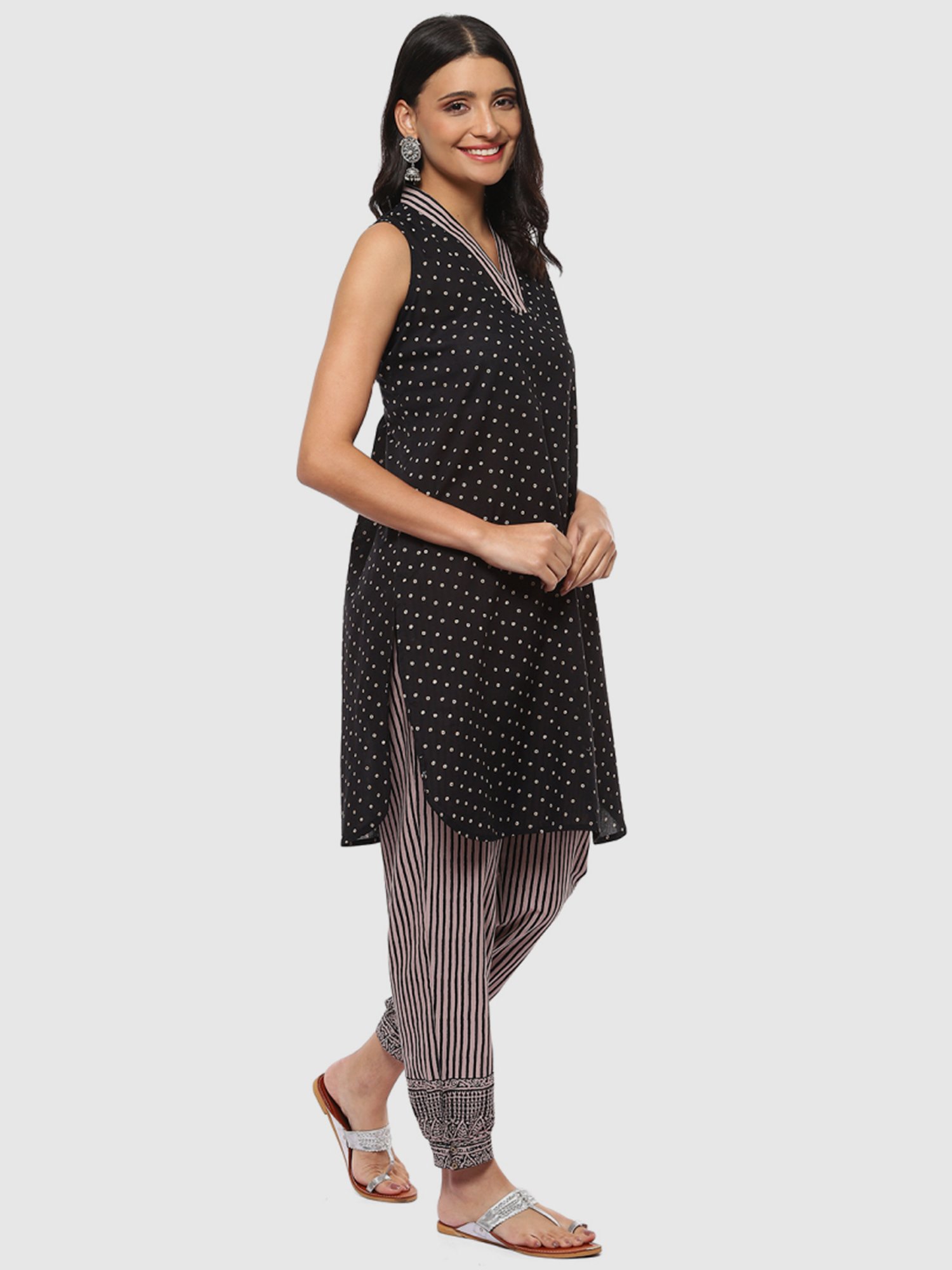 Biba Black & White Cotton Printed Kurta Salwar Set With Dupatta