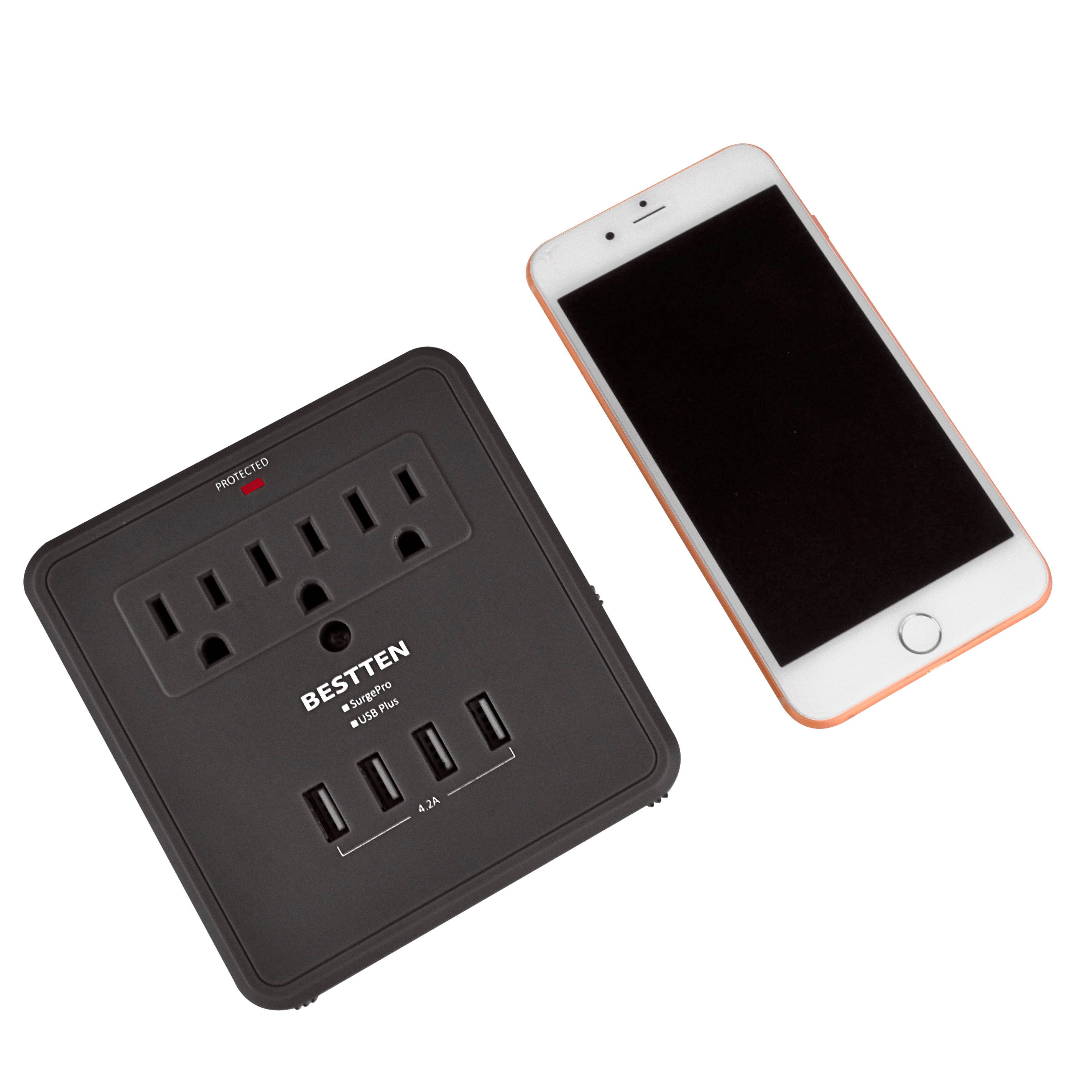 BESTTEN Multi Outlet Wall Tap Adapter Surge Protector with 4 USB Charging Ports (4.2A Total), 3 Outlet Multipliers and 2 Slide-Out Phone Holders, 15A/125V/1875W, ETL Certified, Black
