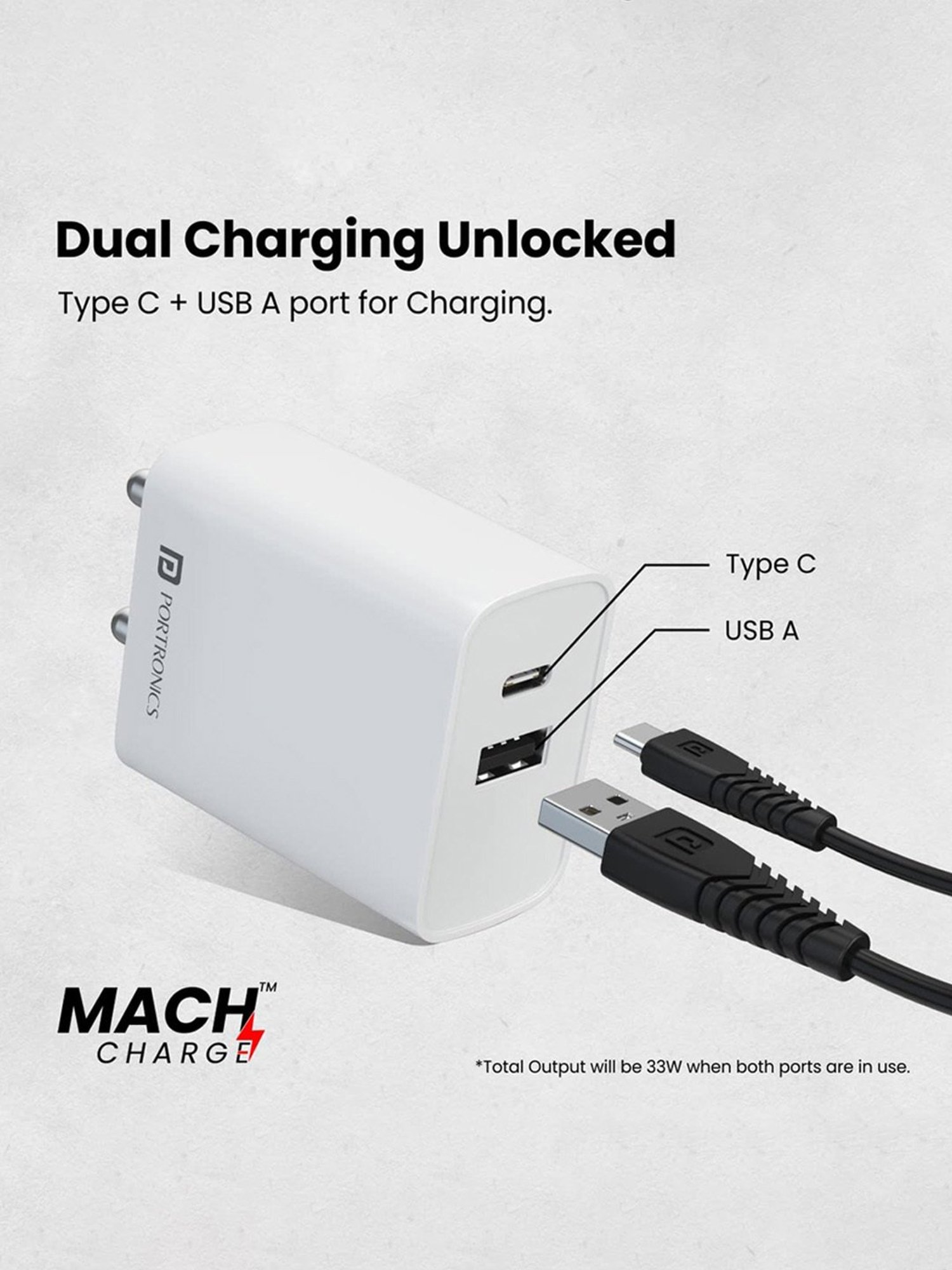 Portronics POR-1832 Adapto 70 33W Fast Adapter Charger with Dual Output (White)