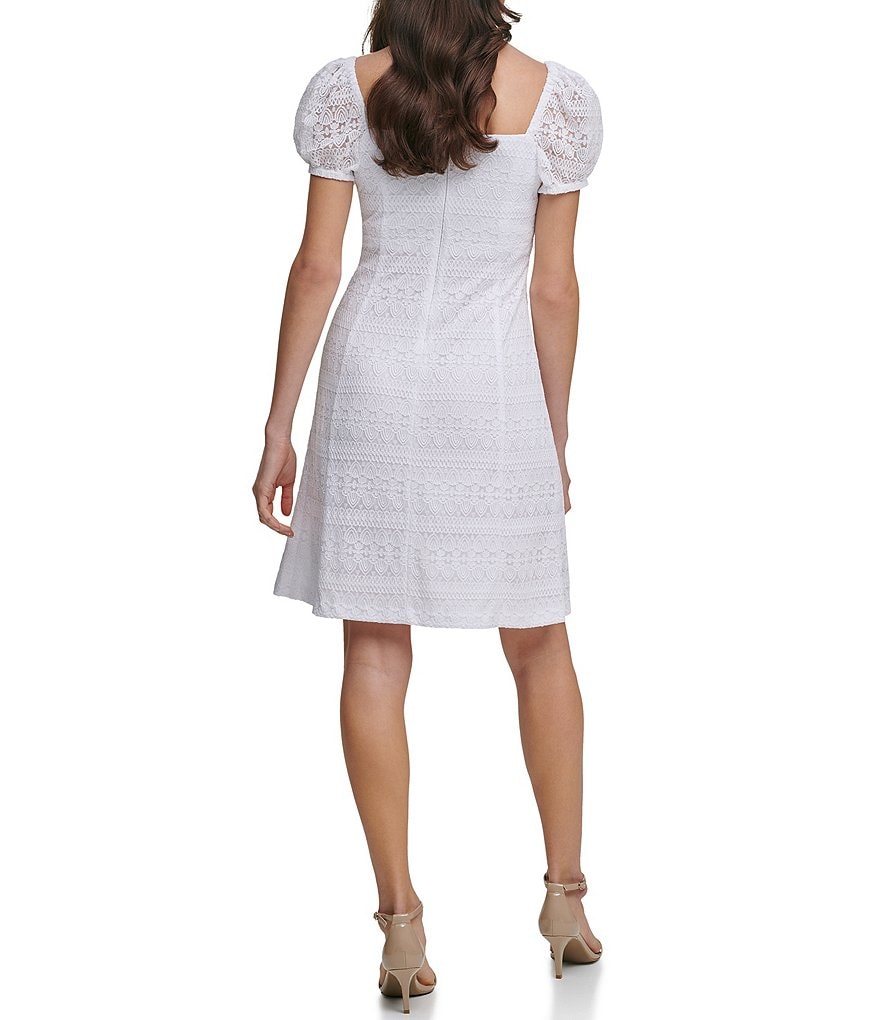 Kensie Square Neck Puff Sleeve Geo Lace A-Line Dress