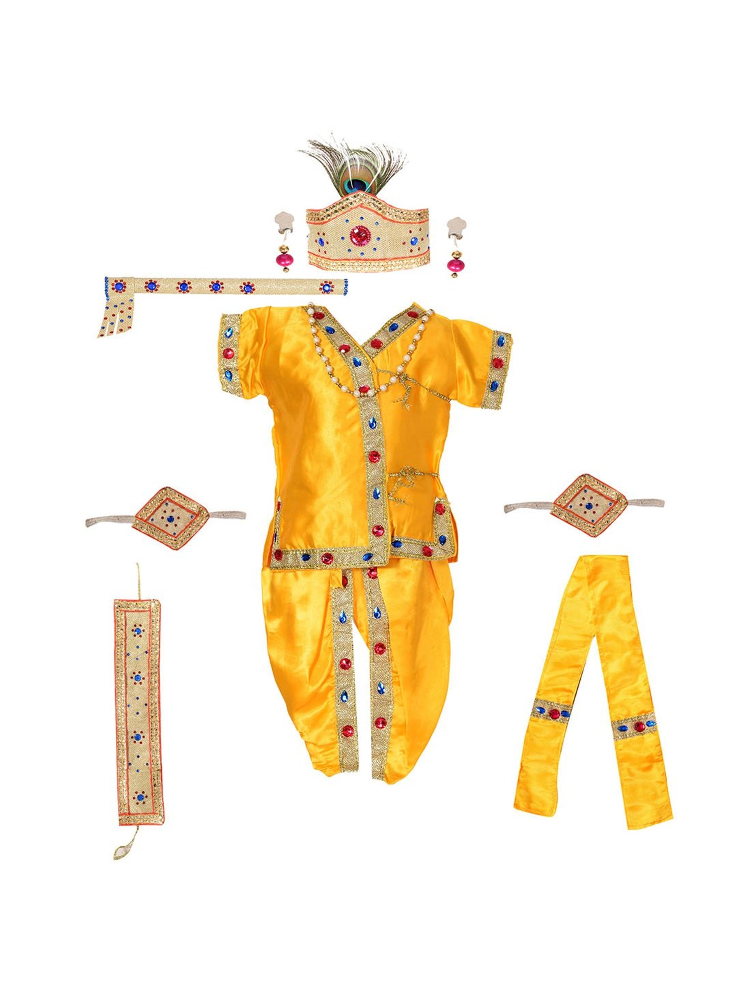 Ahhaaaa Kids Yellow Embroidered Kurta, Dhoti, Pagri, Flute& Set