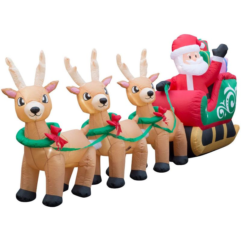 Holidayana 12 Foot Long Giant Inflatable Santa Claus w/ Reindeer Sleigh Holiday Yard Decoration w/ Blower Fan, Tie Down Straps, & Ground Anchor Stakes