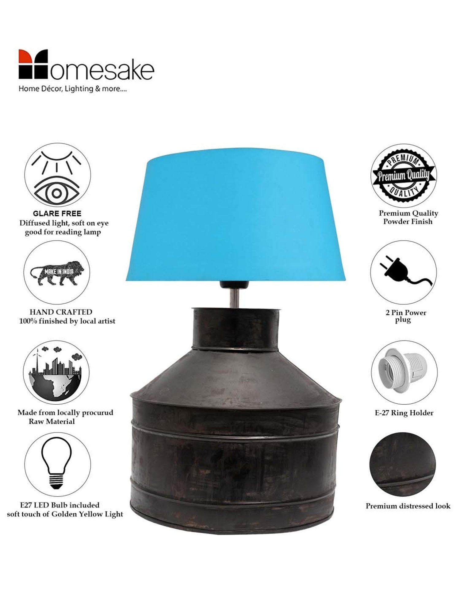 Homesake Rustic Milk Gagar Black & Blue Metal Table Lamp With Cone Drum Shade (LED Bulb Included)