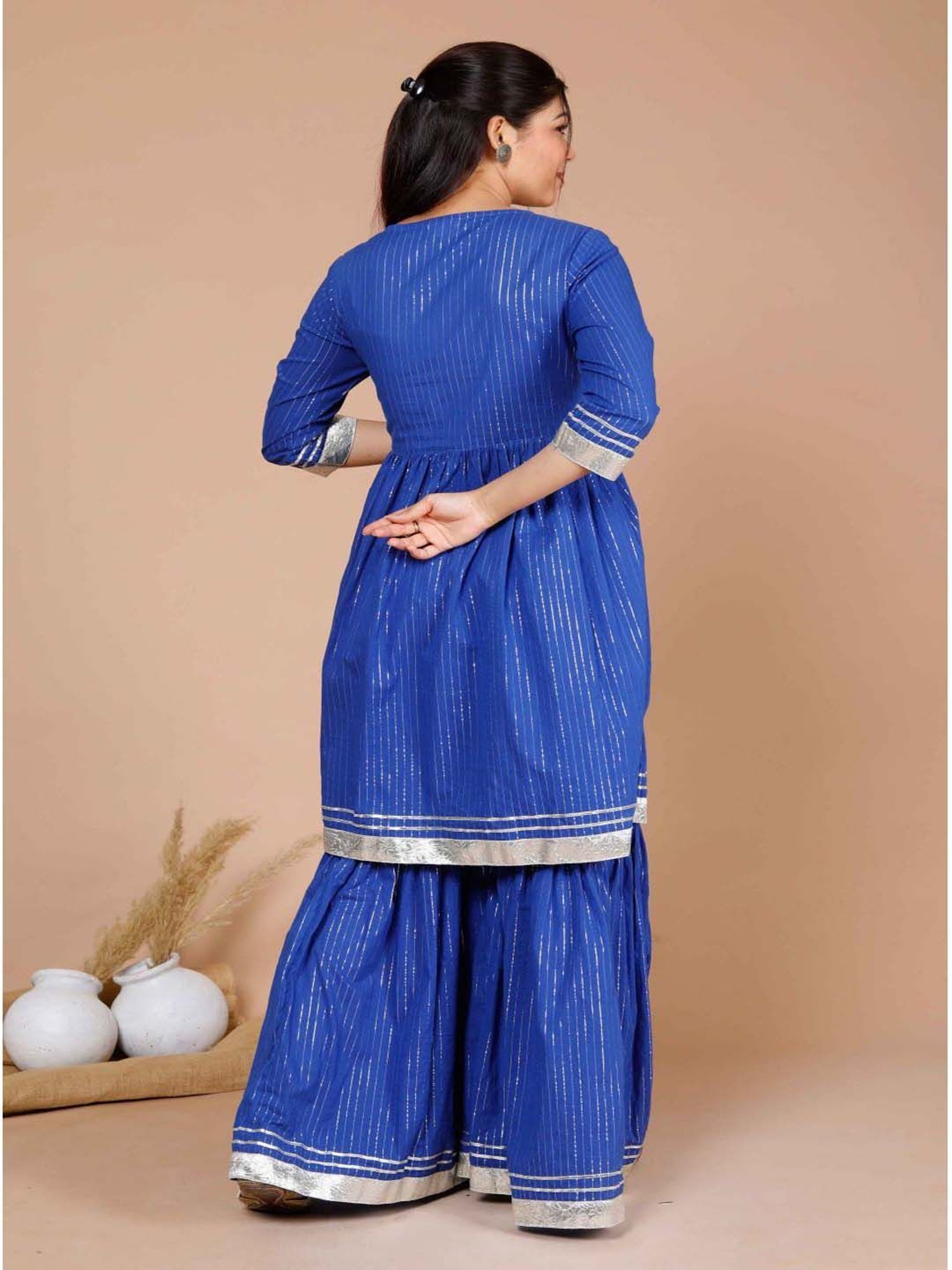 Miravan Blue Cotton Striped Kurti Sharara Set