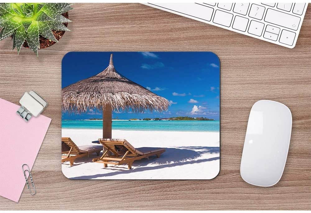 Wozukia Beach Mouse Pad Two Chairs and Umbrella on A Beach with Shadow from Palm Tree Tranquil Scenery Mouse Pad Computer Accessories Home Office Space Cubicle Gaming Mouse Pad Design 9.5 X 7.9 Inch