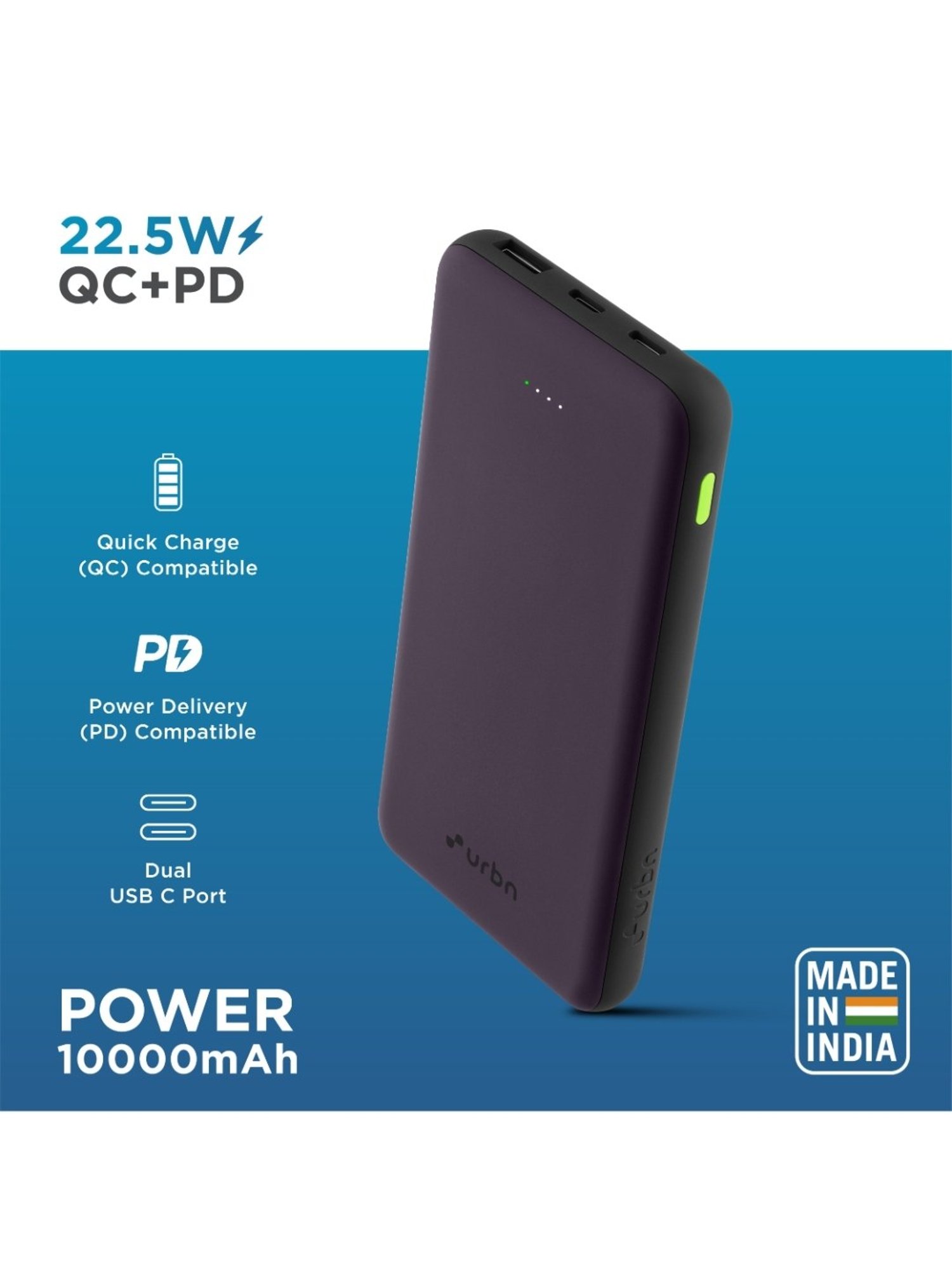 URBN 10000 mAh Ultra Slim 22.5W, Two Way Fast Charging Power Bank with Type C Input-Output (Purple)