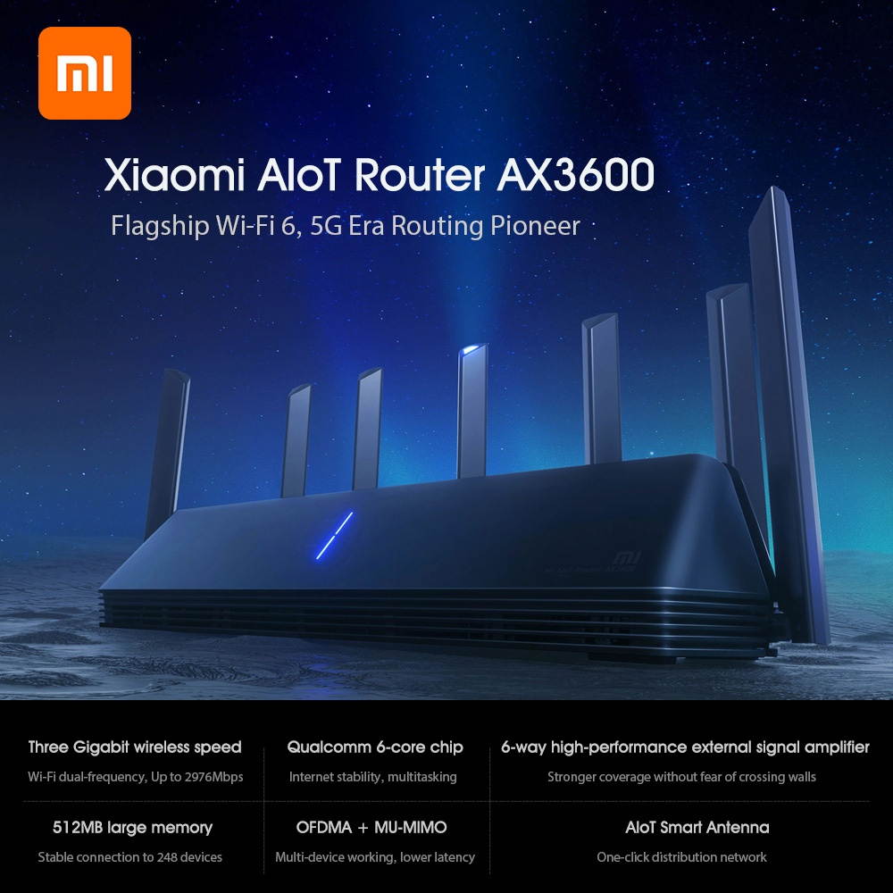 Xiaomi AIoT Router AX3600 Wi-Fi 6 2.4GHz 5GHz WiFi Repeater Three Gigabit MAX 2976Mbps 6 Antennas Qualcomm 6-core chip 512MB Network Extender APP Remote Control