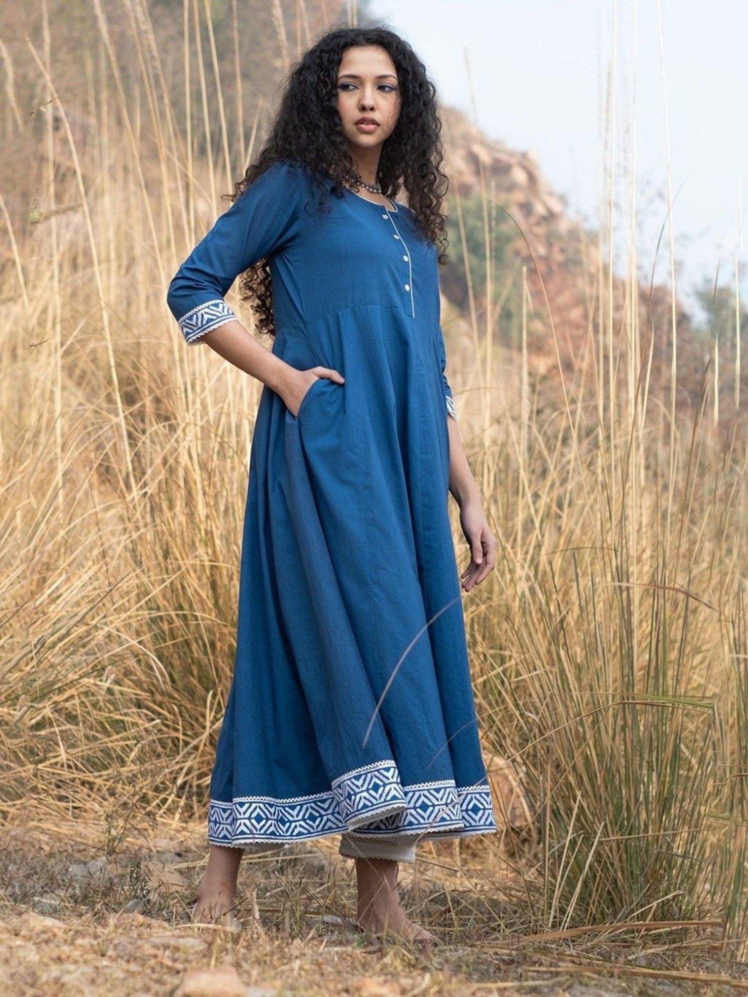 Akiso Neela Solid Indigo Anarkali Kurta With Block Print Border And Lace Details