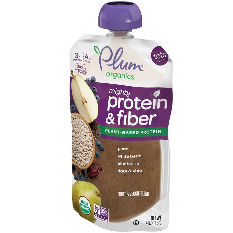 Plum Organics Mighty Protein & Fiber Pear White Bean Blueberry Date & Chia Baby Food Pouch - 4oz