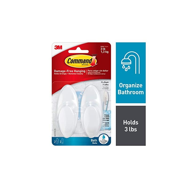 Bath Medium Hooks, 3 lb Capacity, 2-Hooks, 2-Strips, Organize Damage-Free