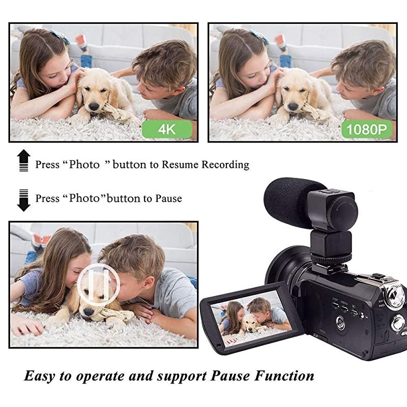 Video Camera 4K Camcorder  WiFi Ultra HD Vlog Camera for YouTube, 3.1'' IPS Screen 30X Digital Zoom Night Vision Video Recorder with Microphone, Wide Lens, Lens Hood, 32GB SD Card, 2 Batteries