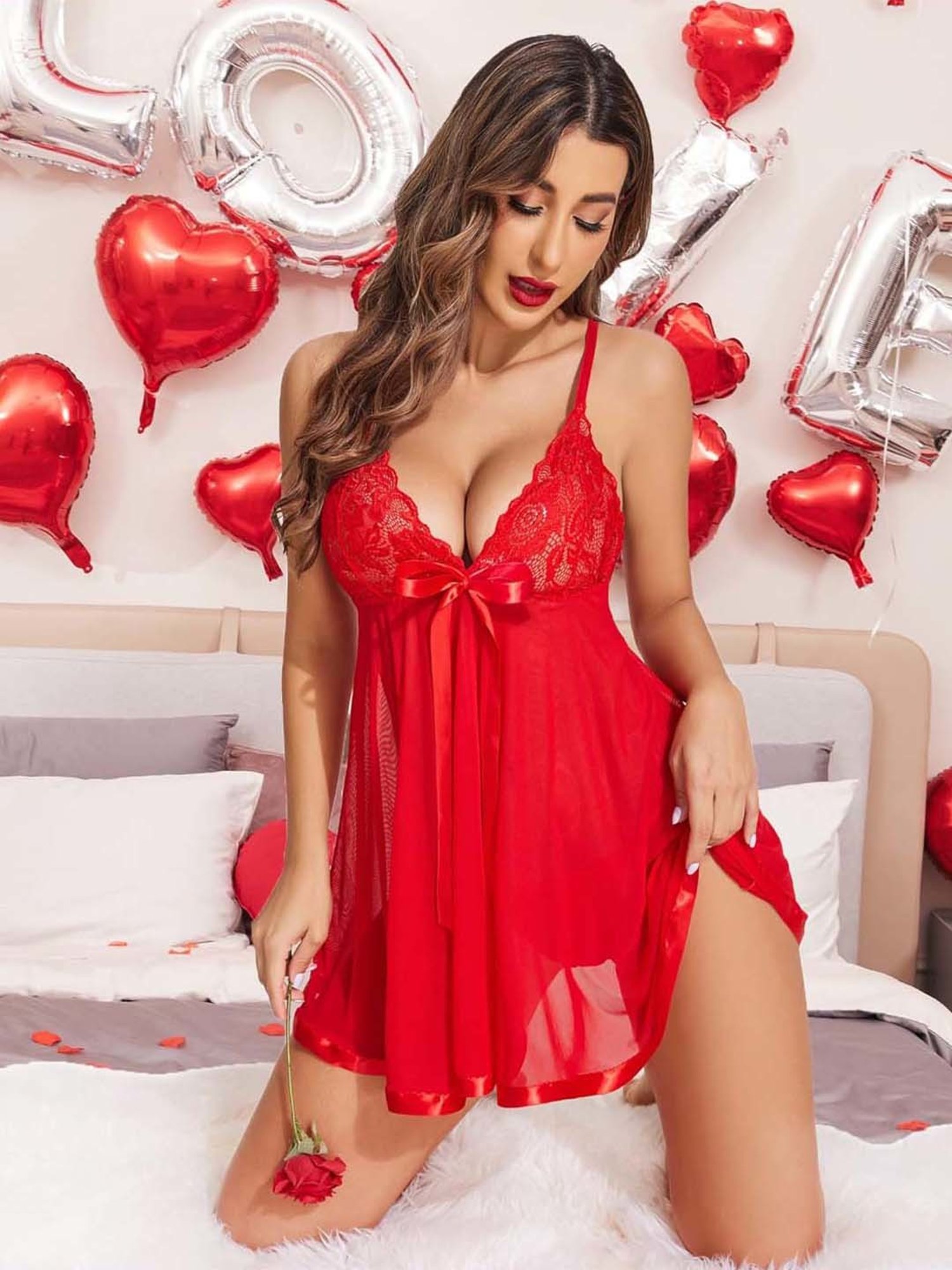 AROUSY Red Self Pattern Baby Doll