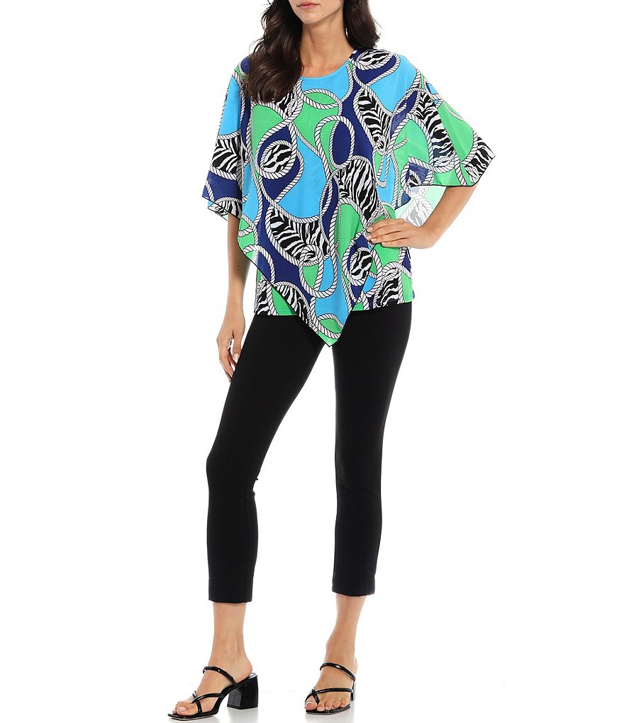 Slim Factor by Investments Zebra Rope Print Round Neck Handkerchief Overlay Poncho Top