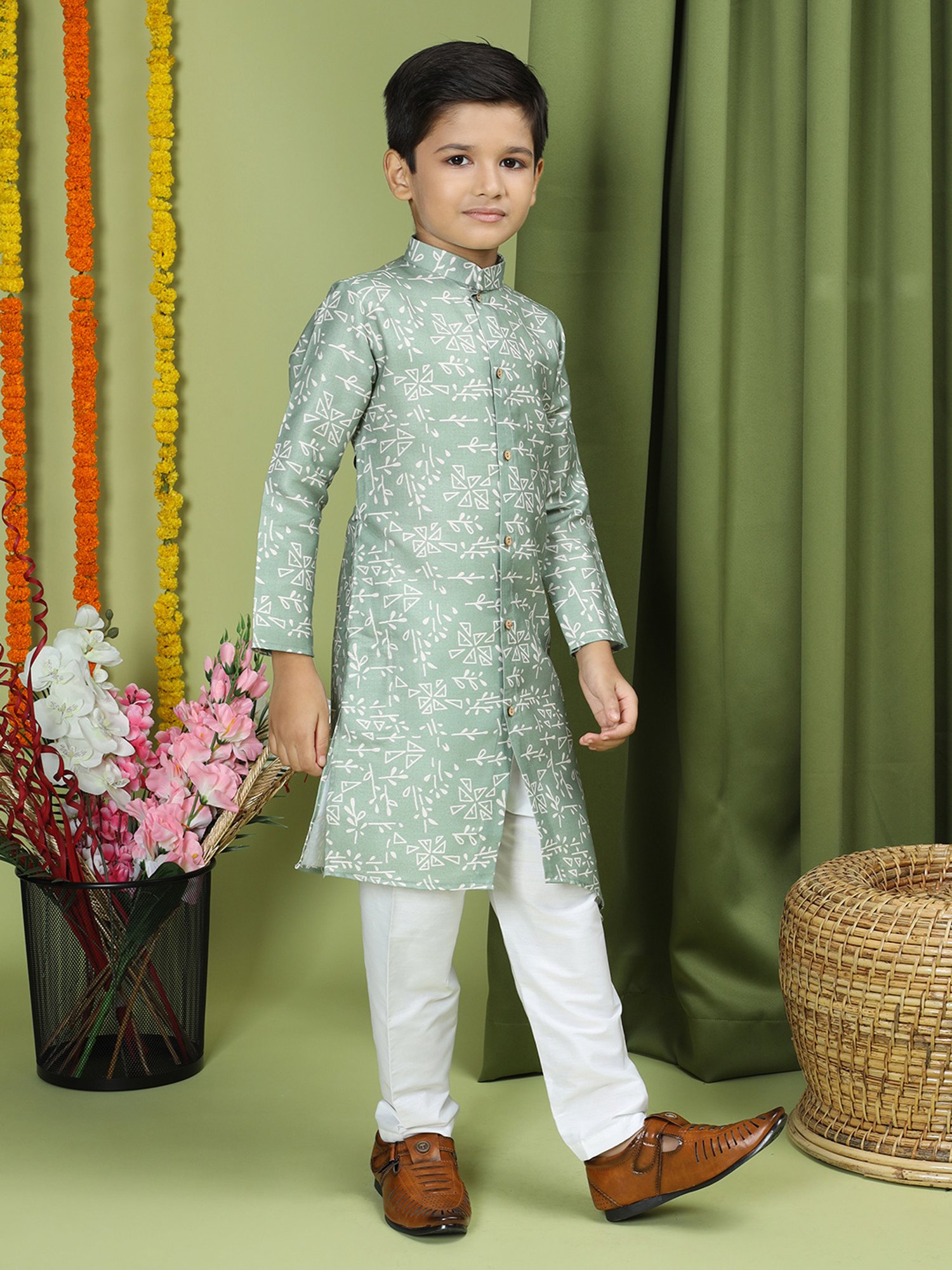TABARD Kids Sage Green Printed Full Sleeves Kurta