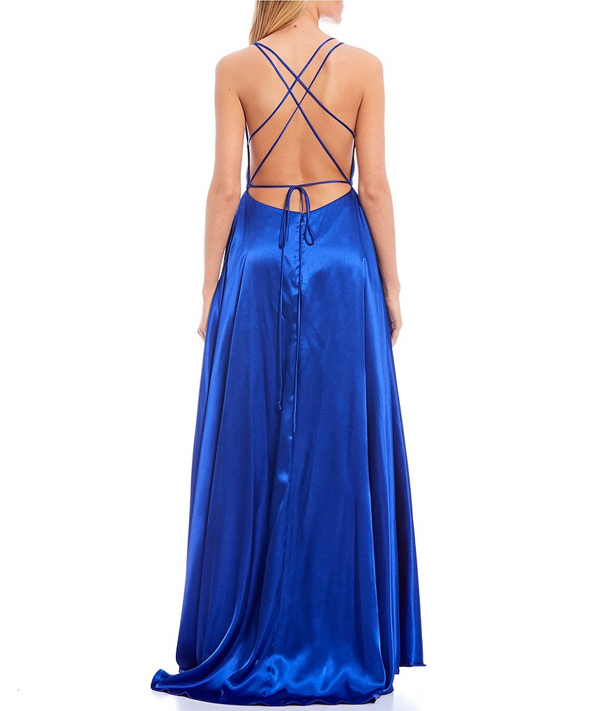 Blondie Nites Double Spaghetti Strap V-Neck Lace-Up Back Side Slit Satin Long Dress