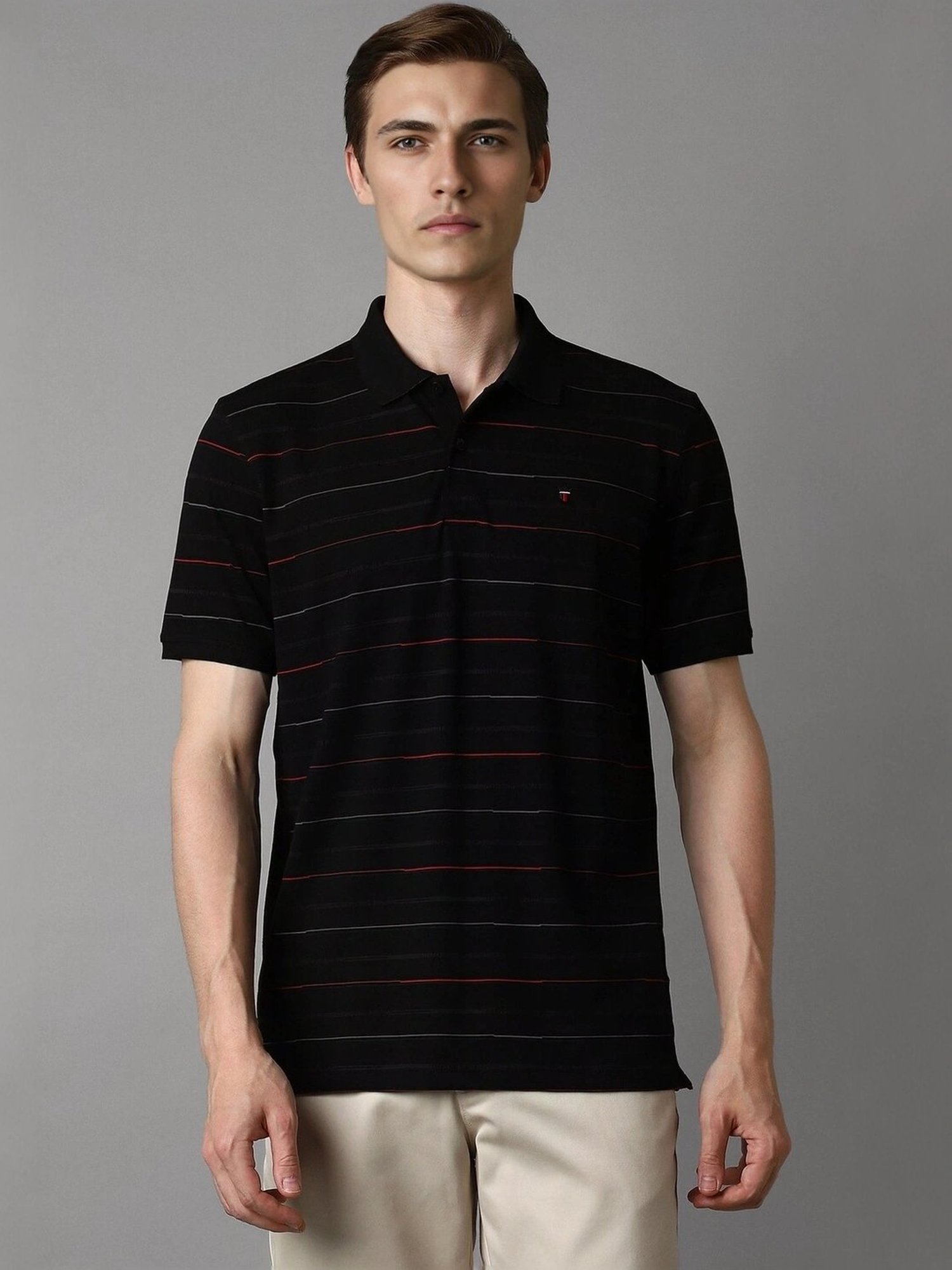 Louis Philippe Black Cotton Slim Fit Striped Polo T-Shirt