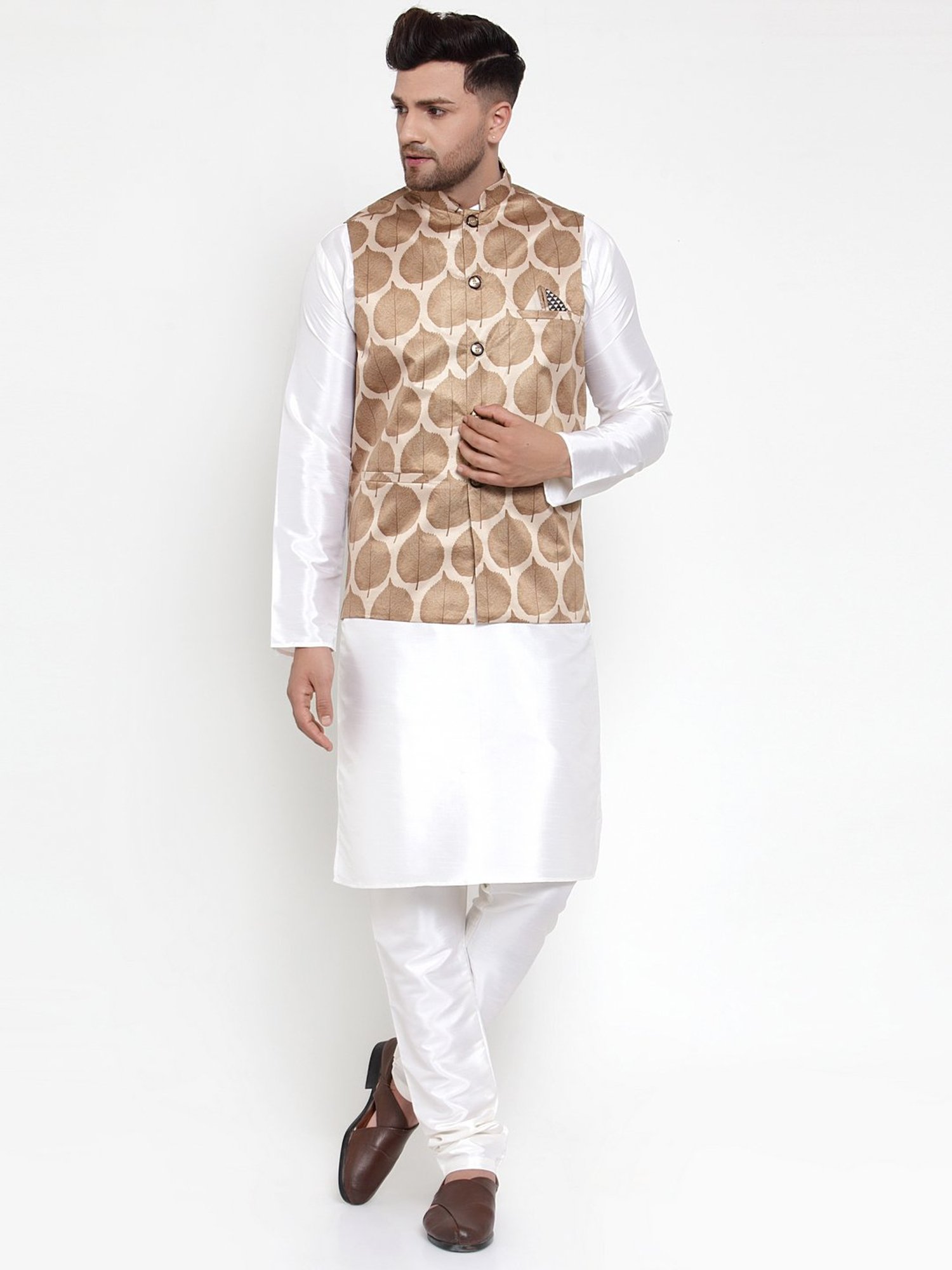 Jompers Brown Regular Fit Tropical Print Nehru Jacket