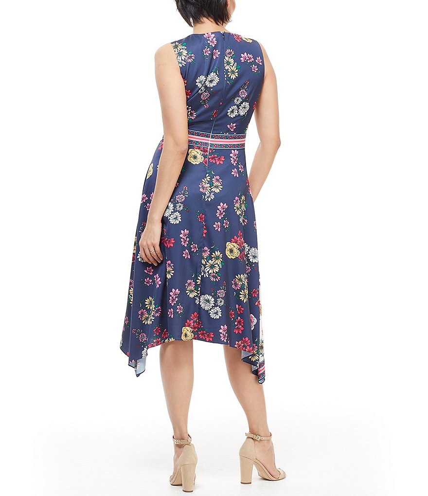Maggy London Petite Size Floral Printed Asymmetrical Hem Sleeveless Scarf Dress
