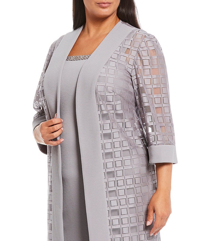 Le Bos Plus Size Square Neck 3/4 Sleeve Duster 2-Piece Jacket Dress